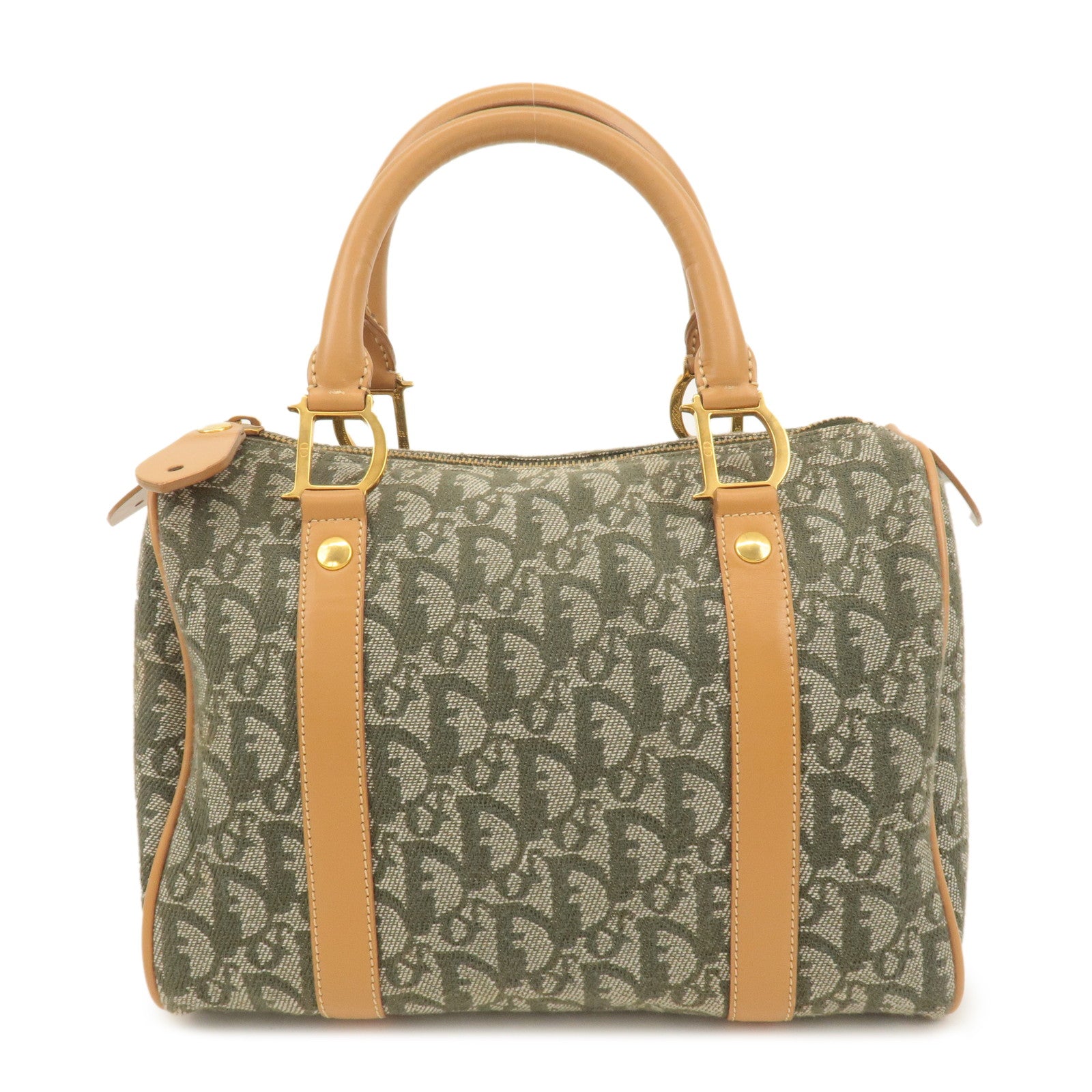 Christian-Dior-Trotter-Canvas-Leather-Boston-Bag-Green-Light-Brown