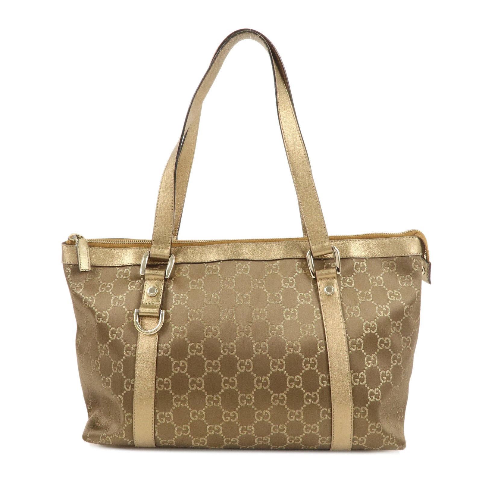 GUCCI-Abbey-GG-Satin-Nylon-Leather-Tote-Bag-Brown-Gold-171470