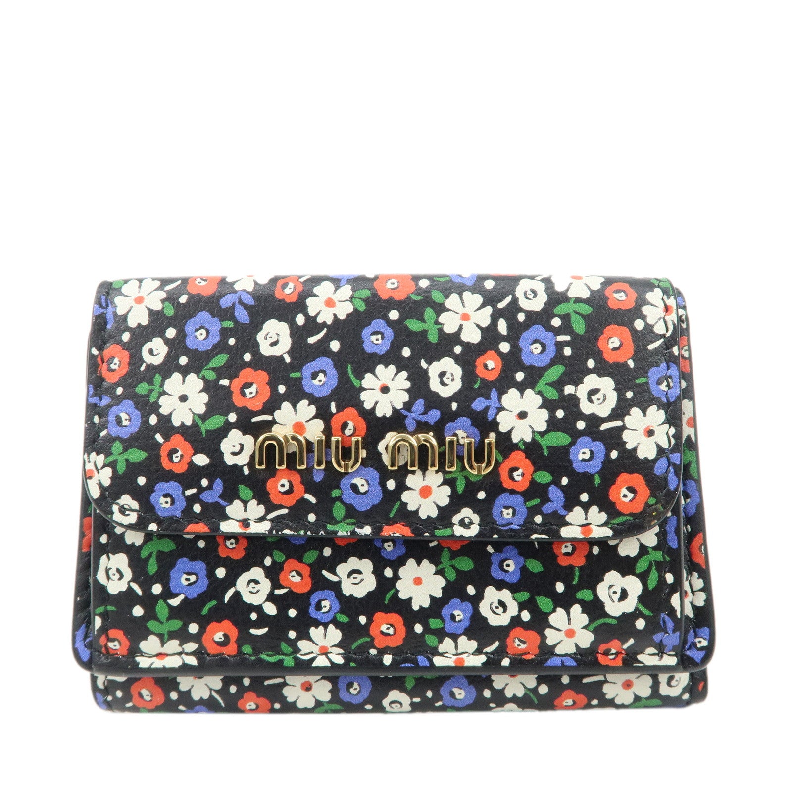 MIU-MIU-Leather-Wallet-Compact-Flower-Black-Multicolor