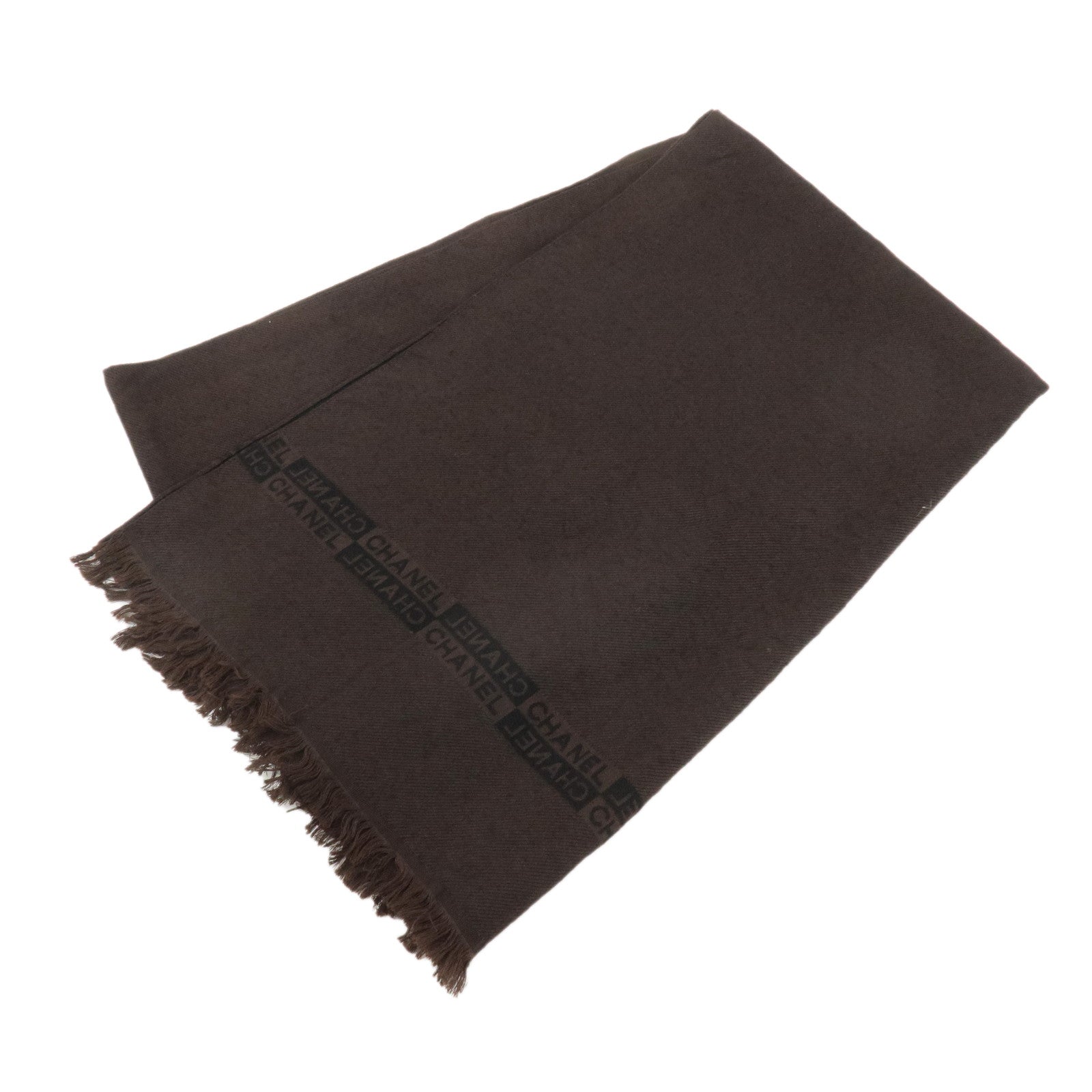 CHANEL-SIlk-Wool-Shawl-Scarf-190×55-Dark-Brown-Black