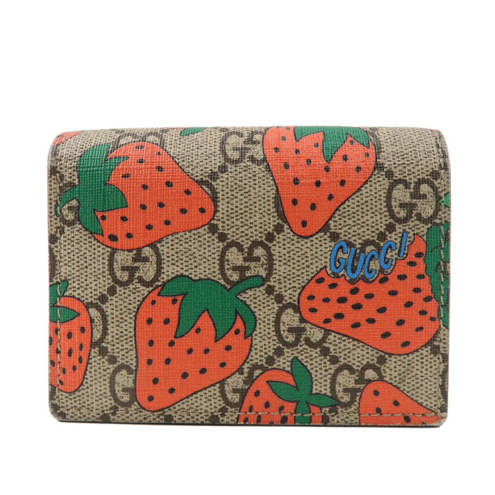 GUCCI GG Supreme Leather Strawberry Print Bi-fold Wallet 573839