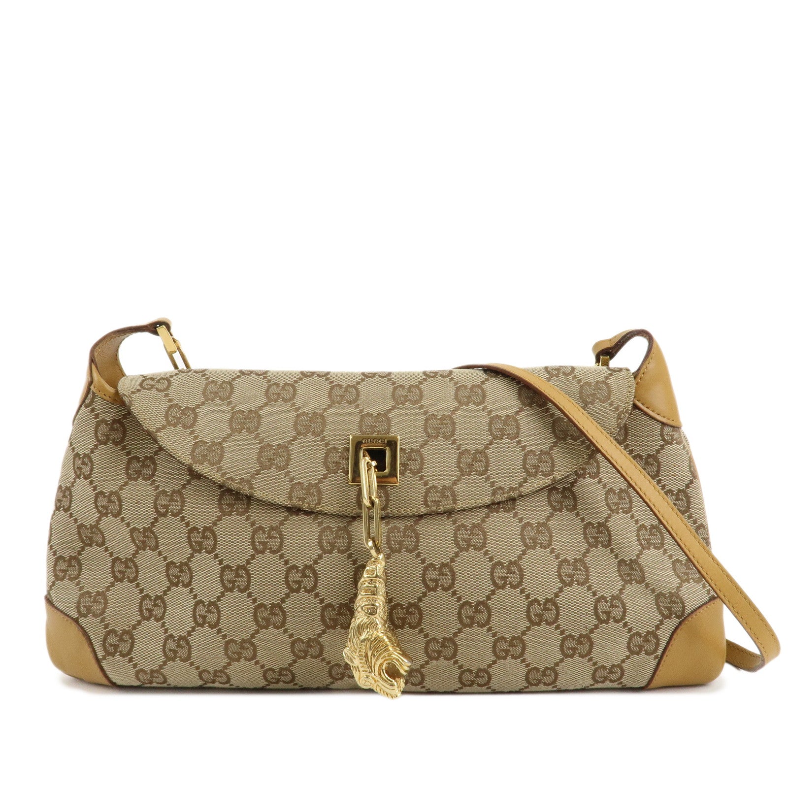 GUCCI-Tiger-Head-GG-Canvas-Leather-Chain-Shoulder-Bag-Beige