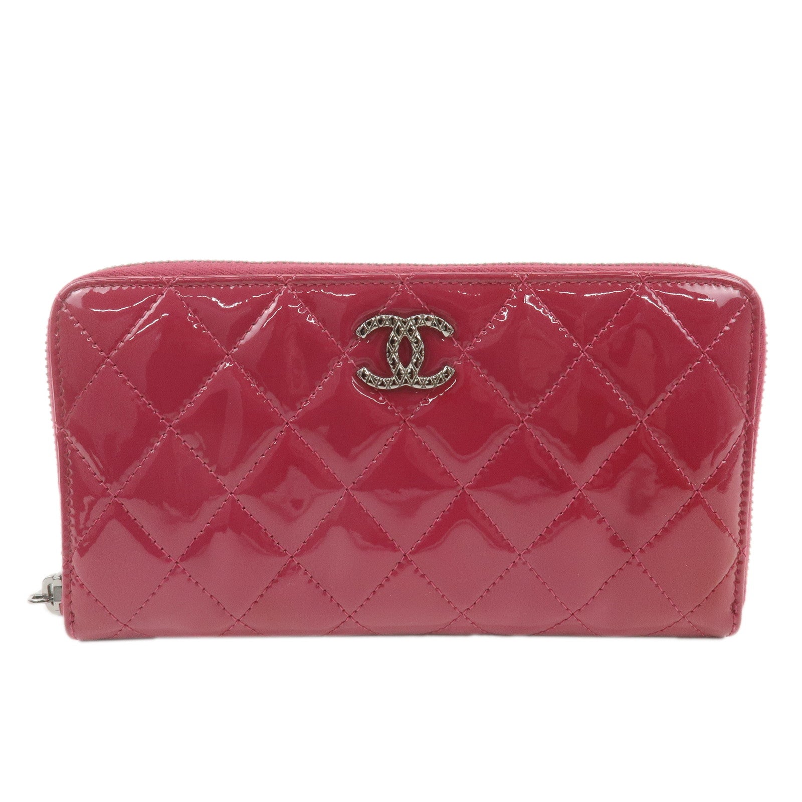 CHANEL-Matelasse-Patent-Leather-COCO-Mark-Round-Zipper-Long-Wallet