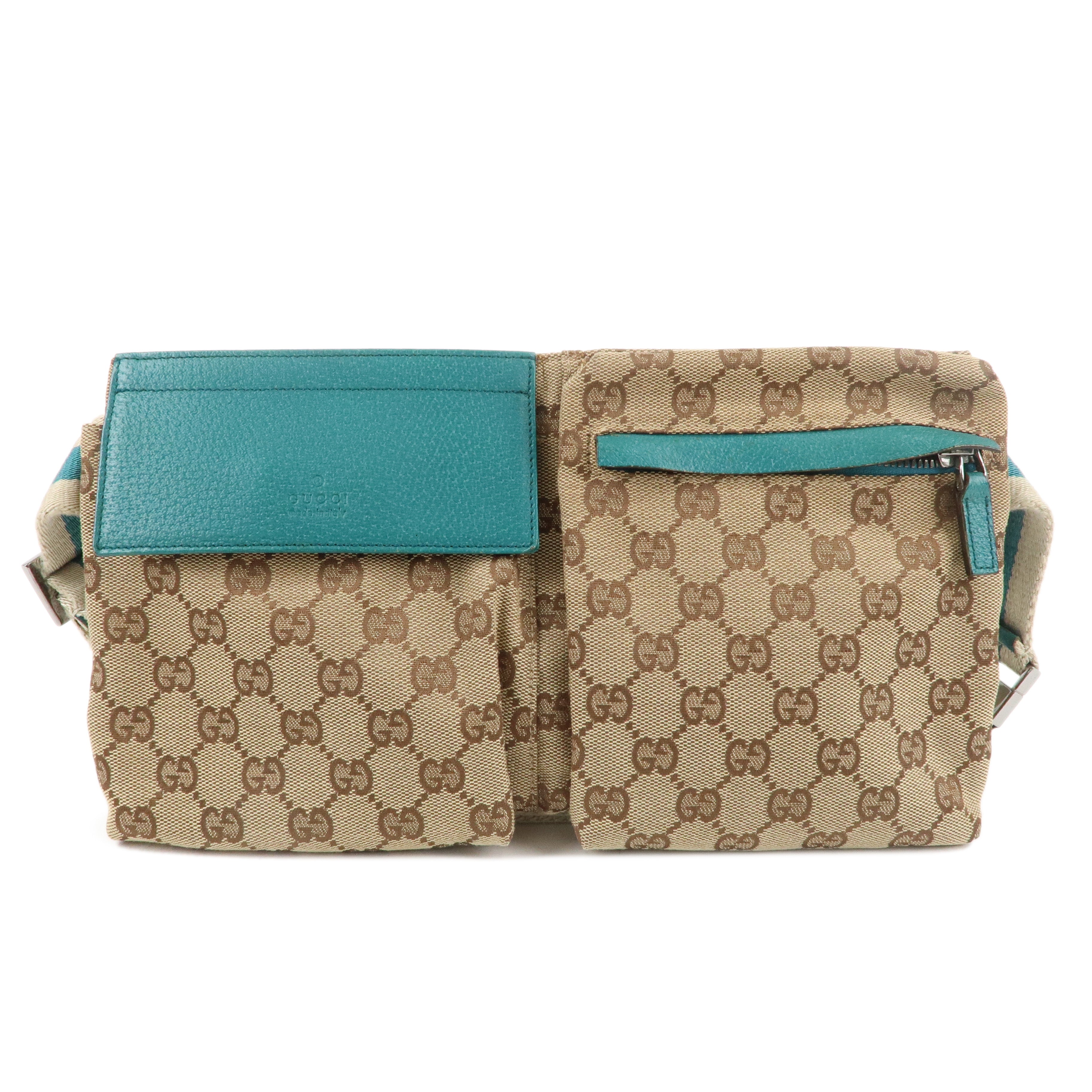 GUCCI GG Canvas Leather Waist Bag Crossbody Bag Turquoise 28566