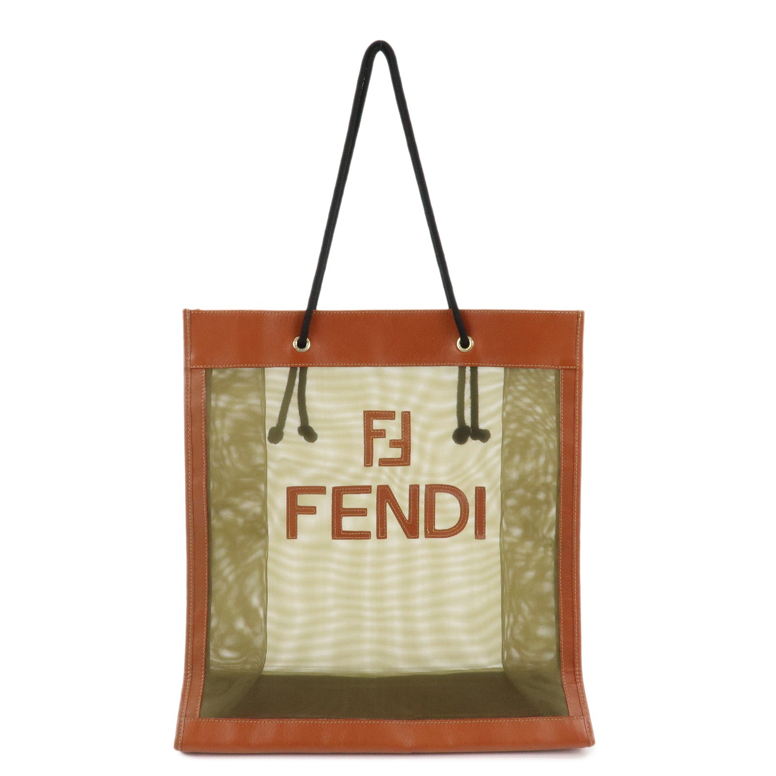 FENDI-Mesh-Leather-Tote-Bag-Shoulder-Bag-Khaki-Brown-259642