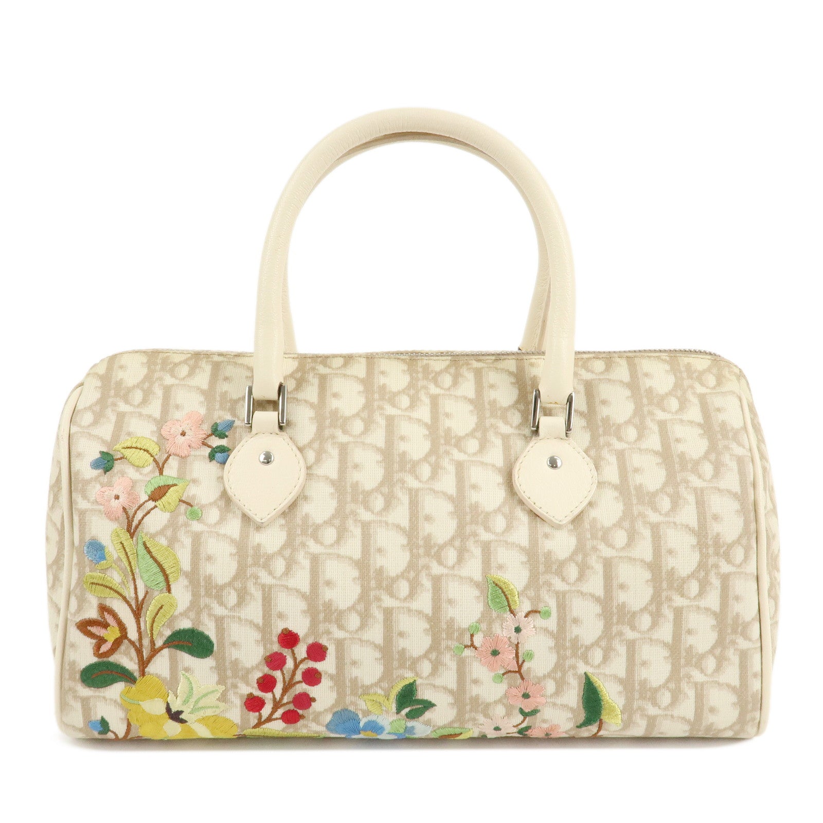 Christian-Dior-Trotter-PVC-Leather-Boston-Bag-Flower-Embroidery