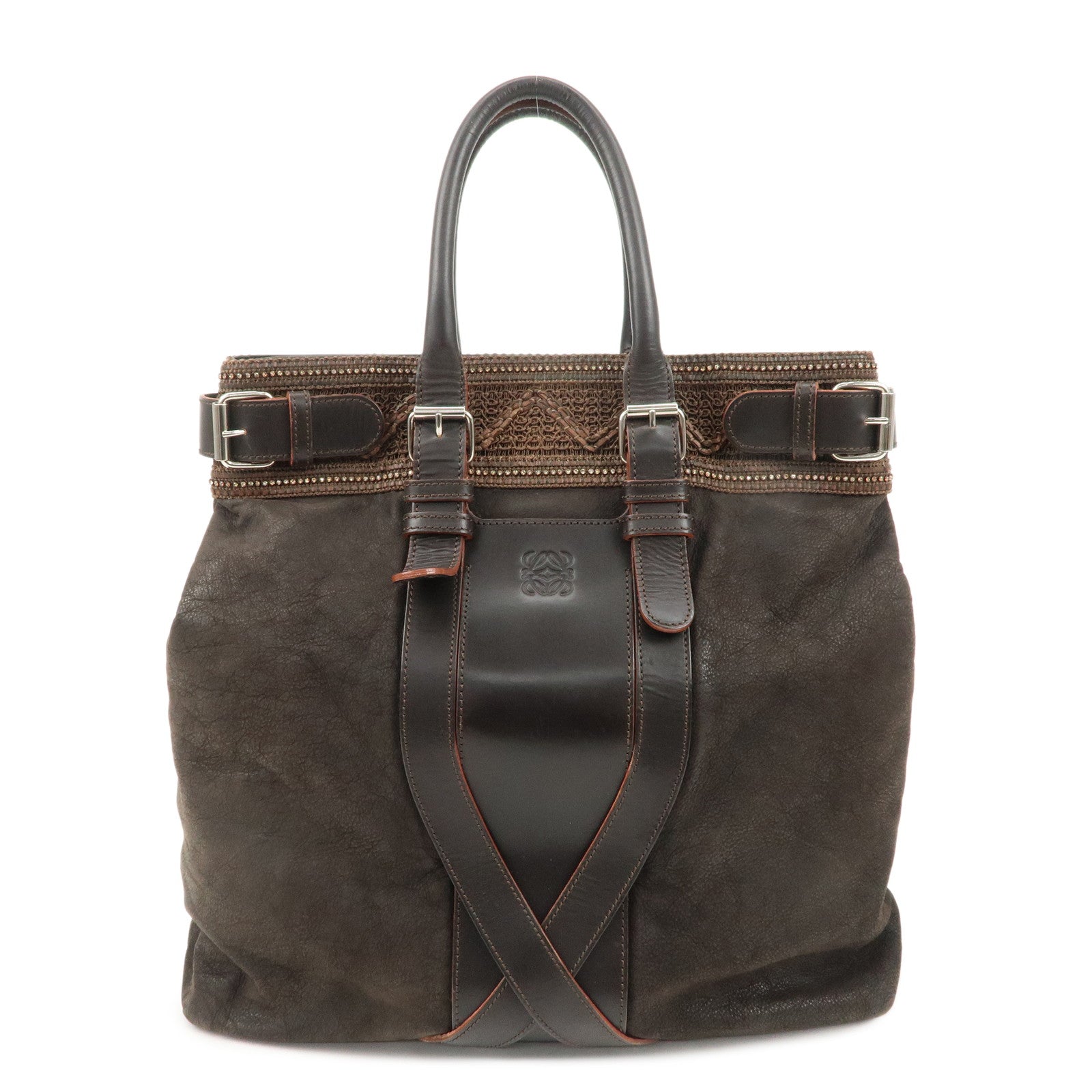 LOEWE-Anaglam-Leather-Bijoux-Tote-Bag-Hand-Bag-Brown