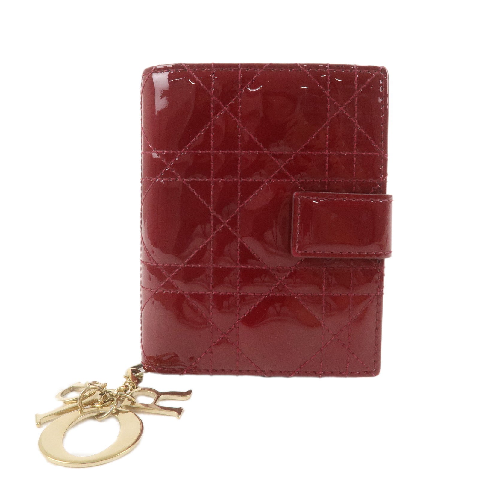 Christian-Dior-Cannage-Patent-Leather-Bi-fold-Wallet-Red