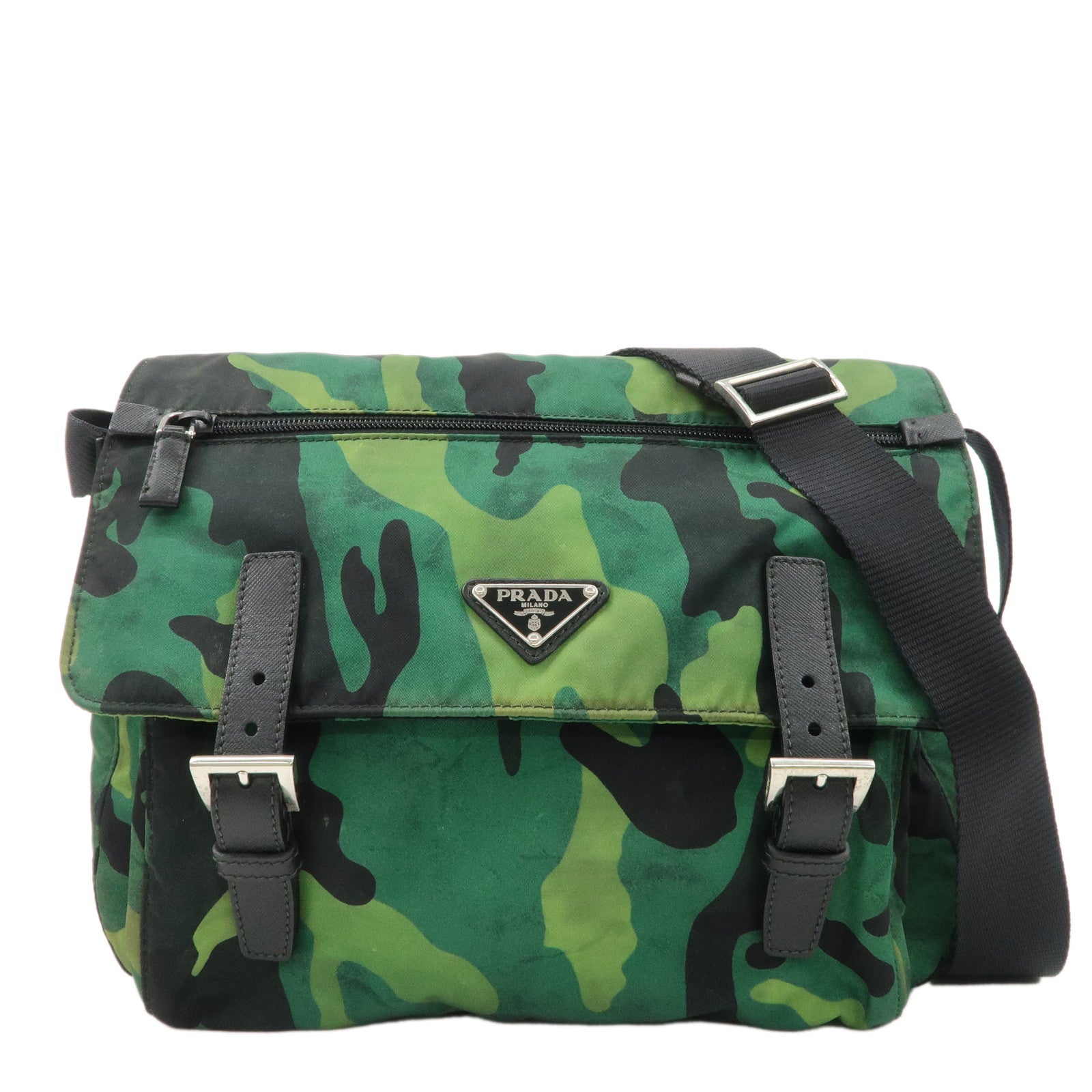 PRADA-Logo-Nylon-Leather-Camouflage-Shoulder-Bag-Green-Black