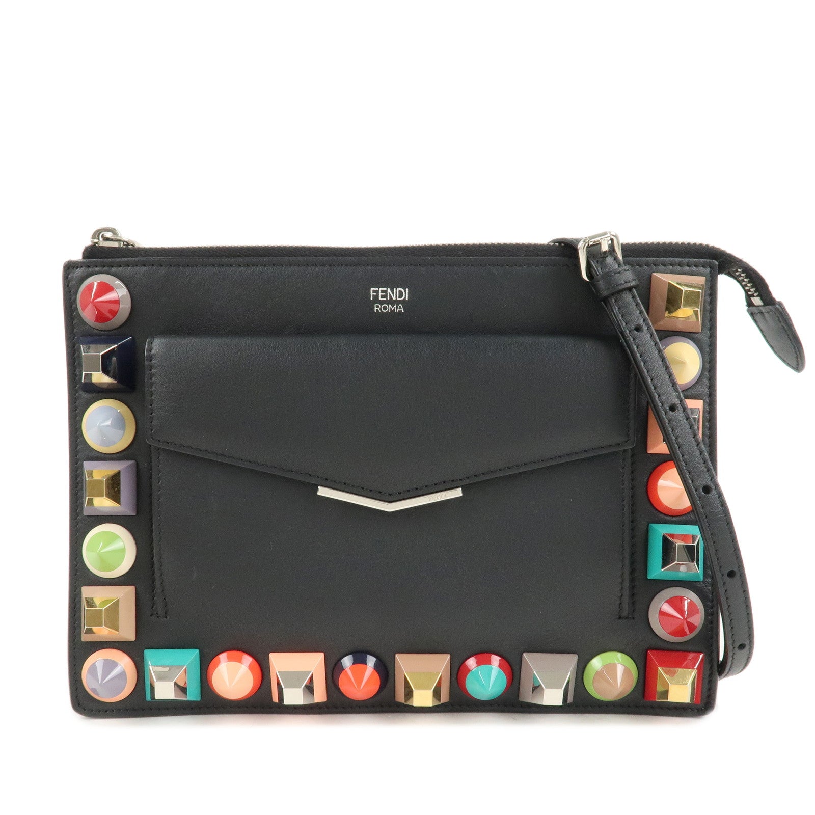 FENDI-Leather-Toujours-Multi-Studs-Shoulder-Bag-Black-8M0369