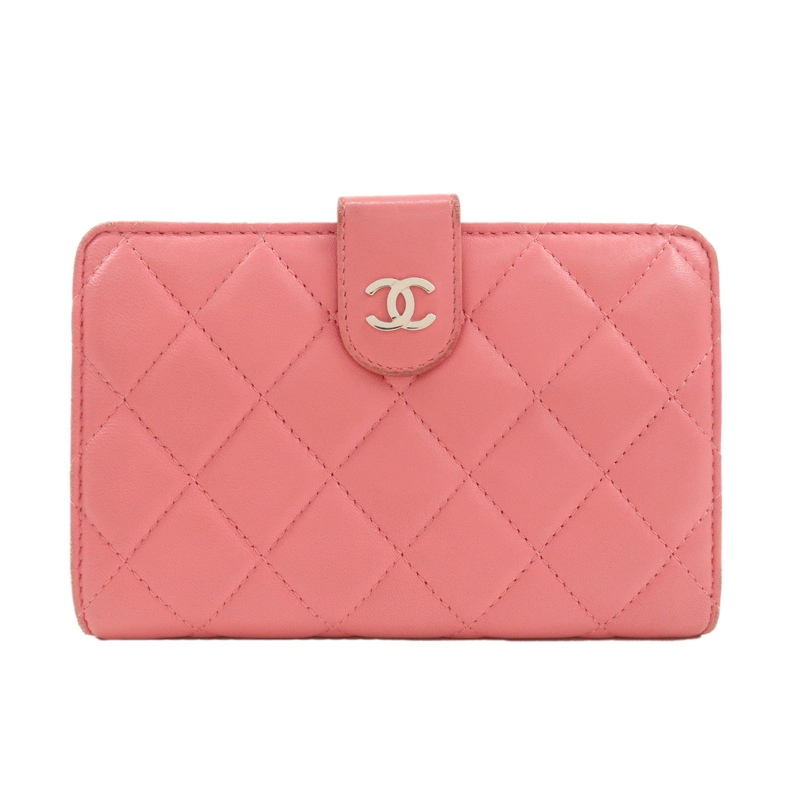 CHANEL-Matelasse-Lamb-Skin-Coco-Mark-Bi-fold-Wallet-Pink-A48667