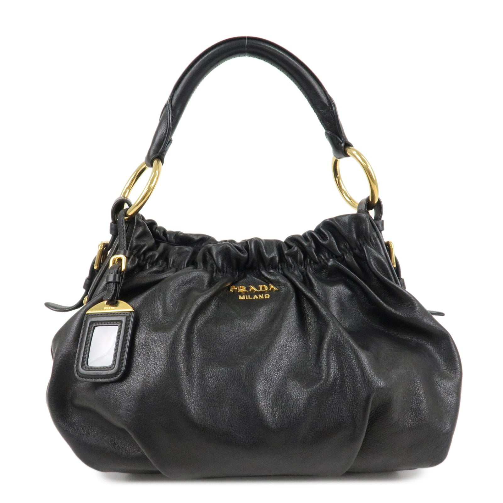 PRADA-Nylon-Leather-Gathered-One-Shoulder-Bag-Black-Gold-HDW