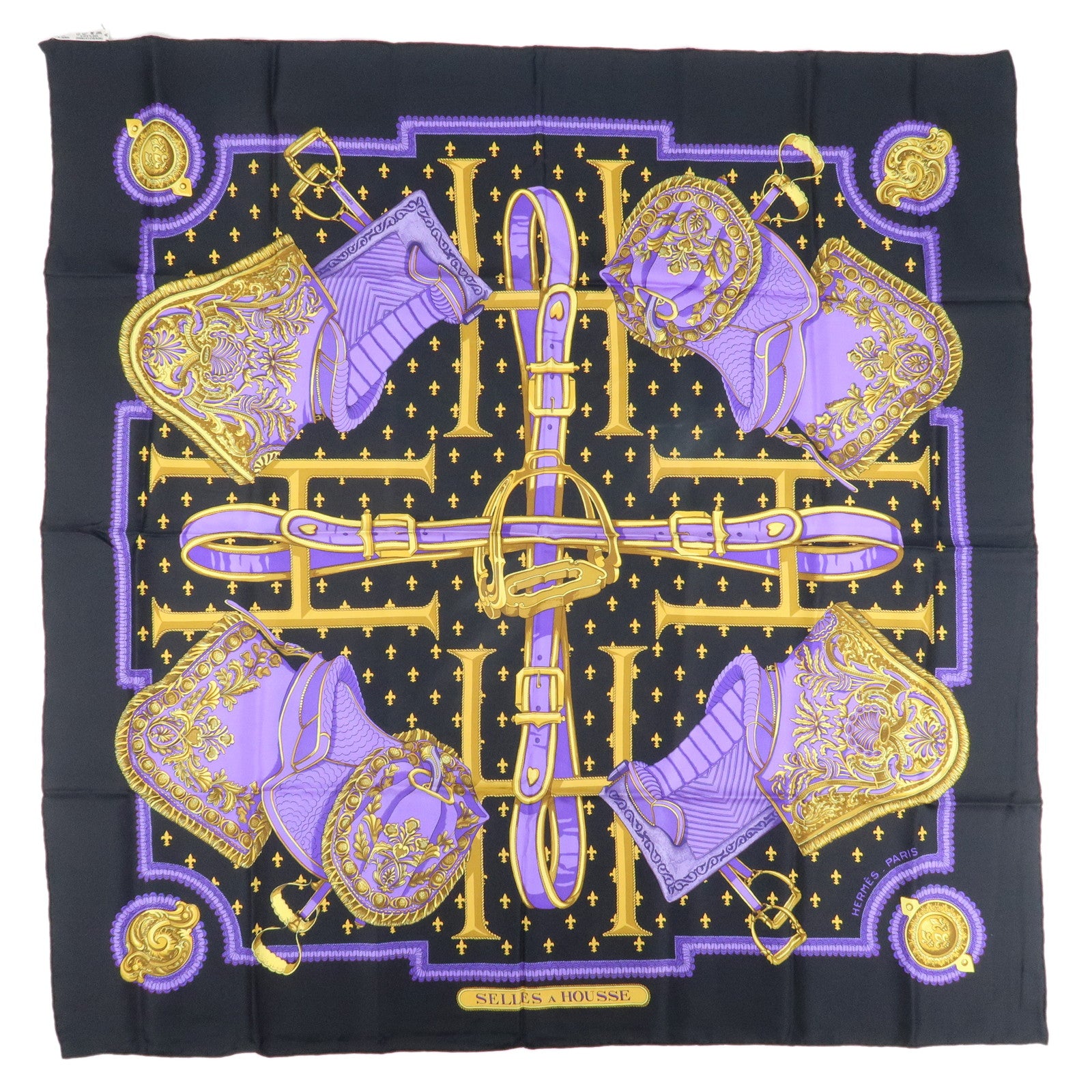 HERMES-Carre-90-Silk-100%-Scarf-SELLES-A-HOUSSE-Black-Purple-Gold