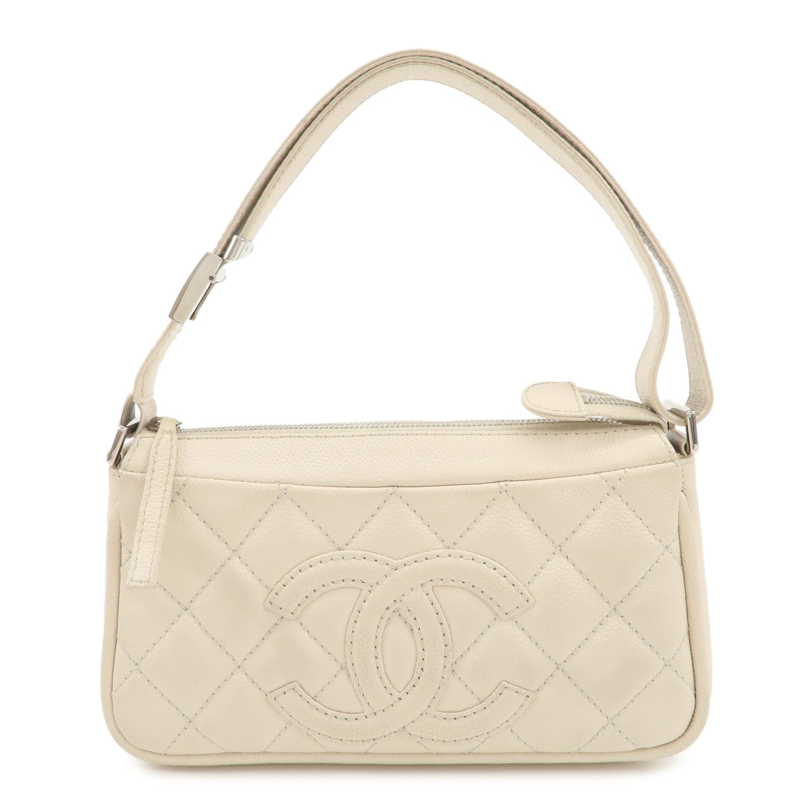 CHANEL-Matelasse-Caviar-Skin-Shoulder-Bag-Ivory-Silver-HDW