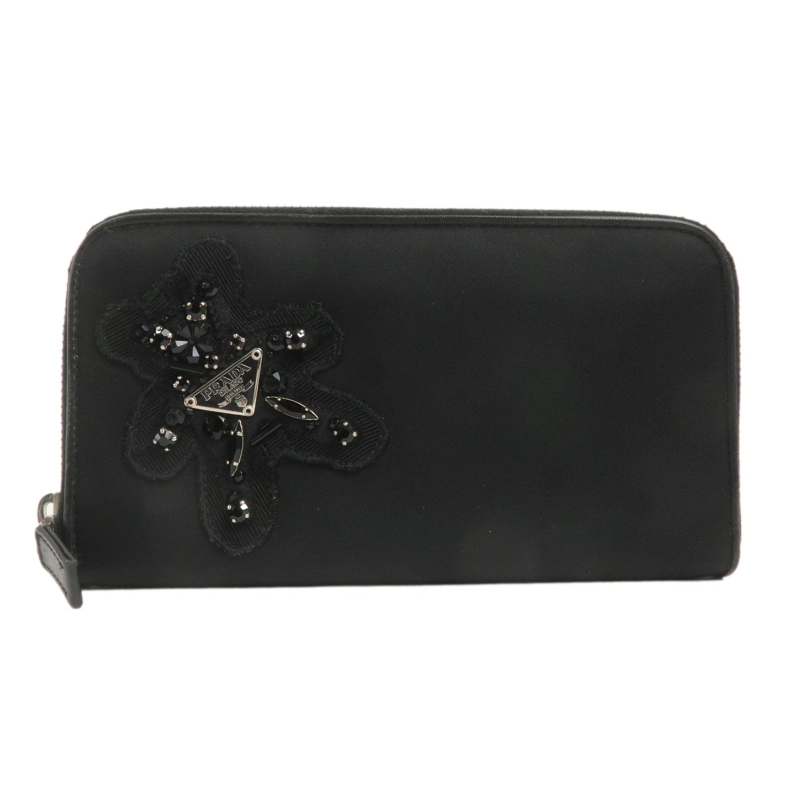 PRADA-Evening-Bear-Nylon-Leather-Zippy-Long-Wallet-Black