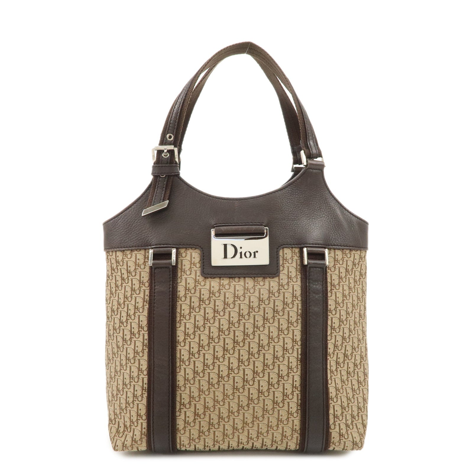 Christian-Dior-Trotter-Canvas-Leather-Tote-Bag-Beige-Brown