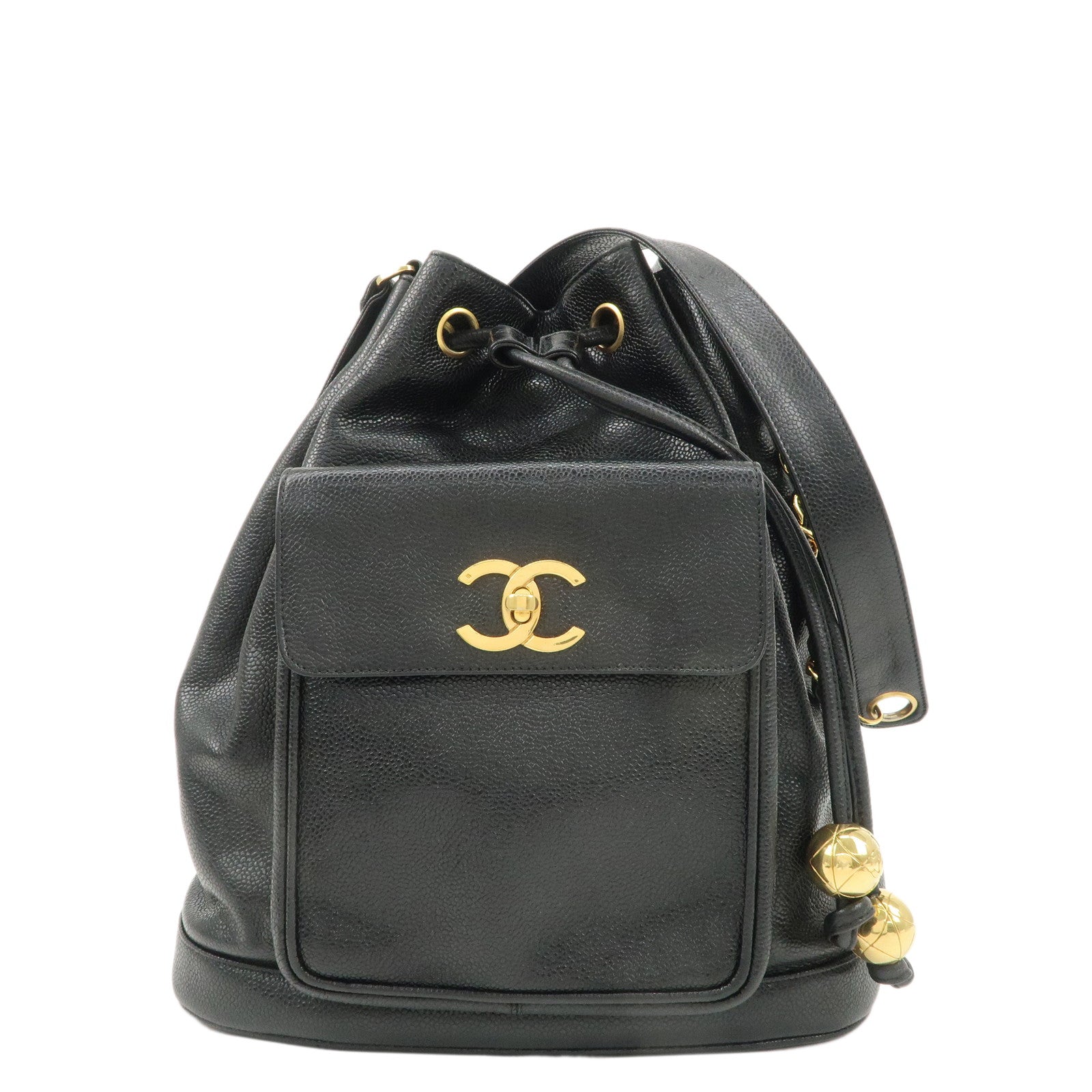 CHANEL-Caviar-SKin-Drawstring-Chain-Shoulder-Bag-Black