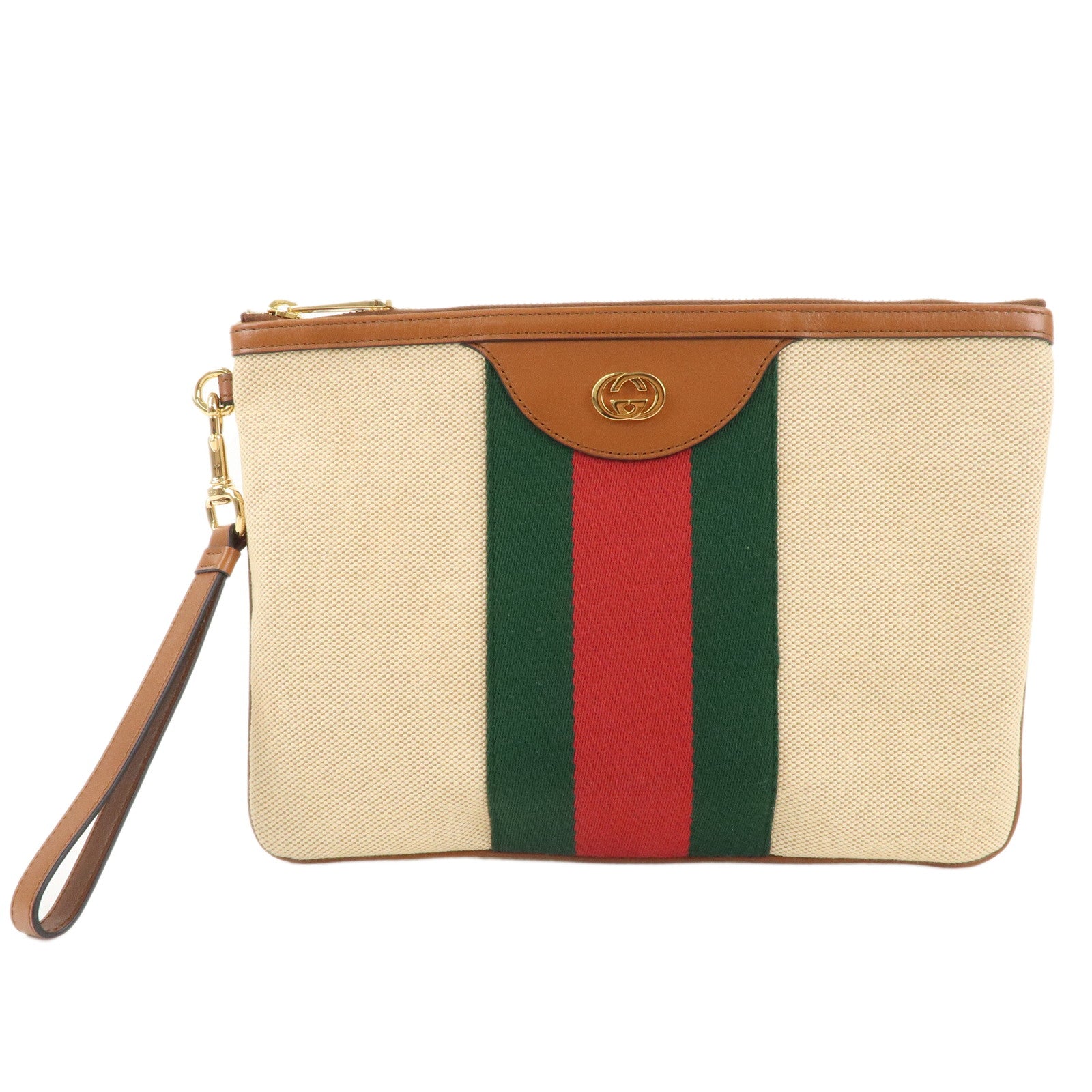 GUCCI Sherry Interlocking G Canvas Leather Clutch Bag Beige 576053