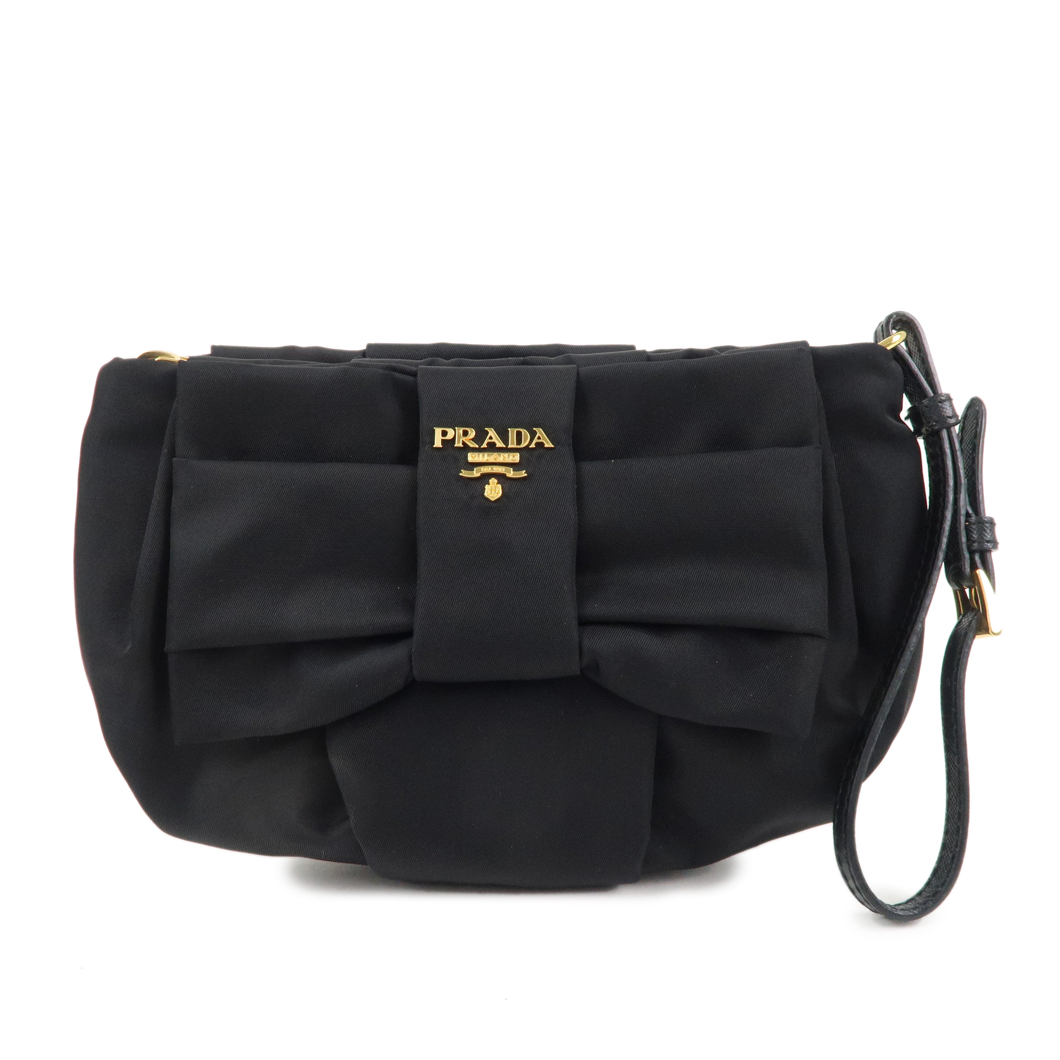 PRADA Logo Nylon Leather Ribbon Cosmetic Pouch Black 1N1422