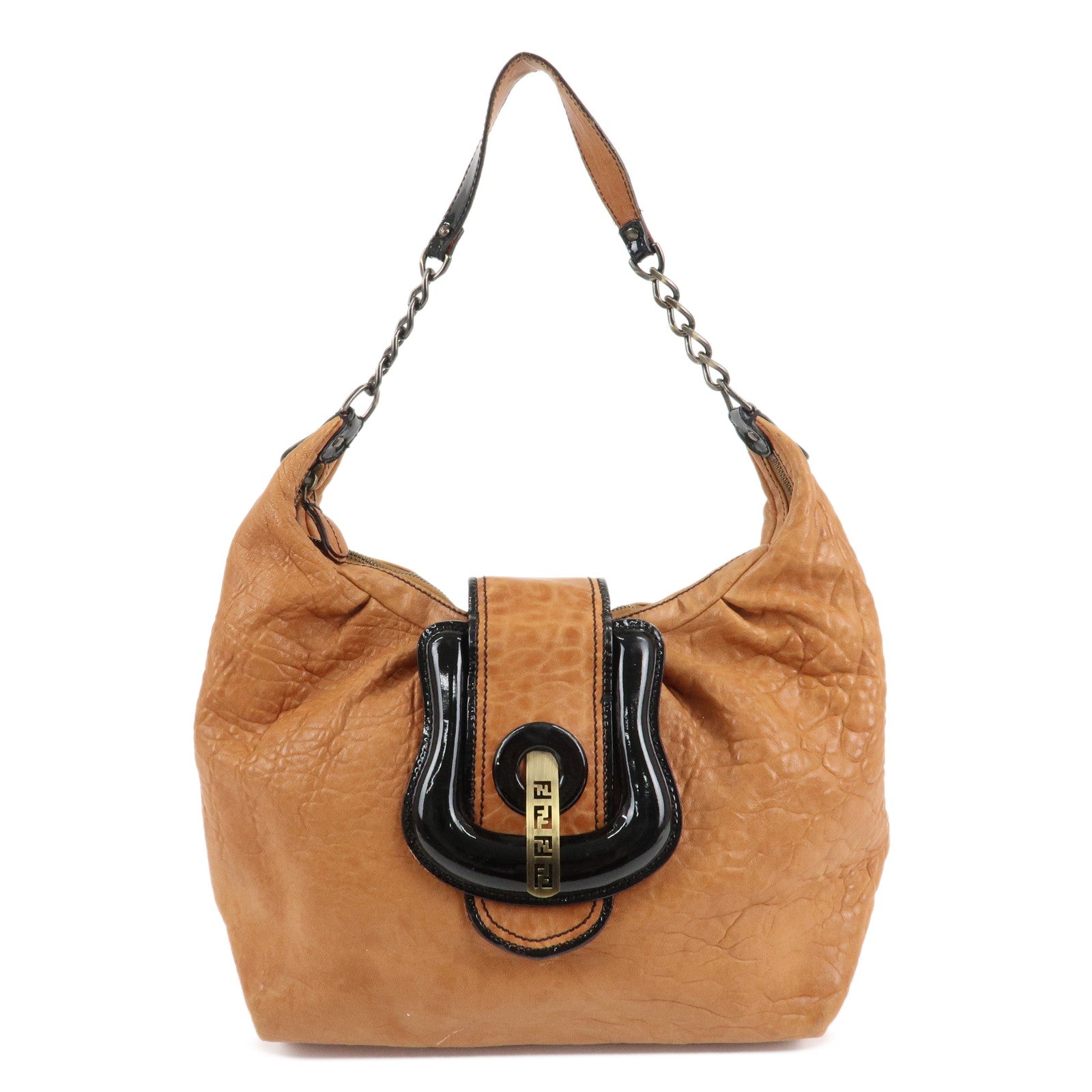 FENDI-Leather-Patent-Leather-Chain-Shoulder-Bag-Brown-8BR563