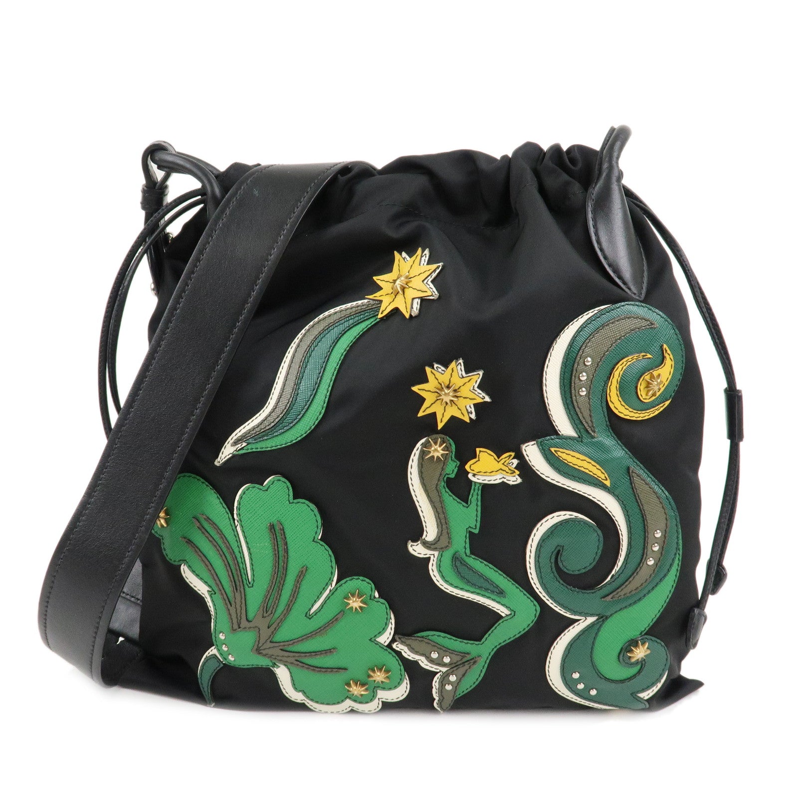 PRADA-Logo-Nylon-Leathr-Mermaid-Motif-Shoulder-Bag-Black-Green