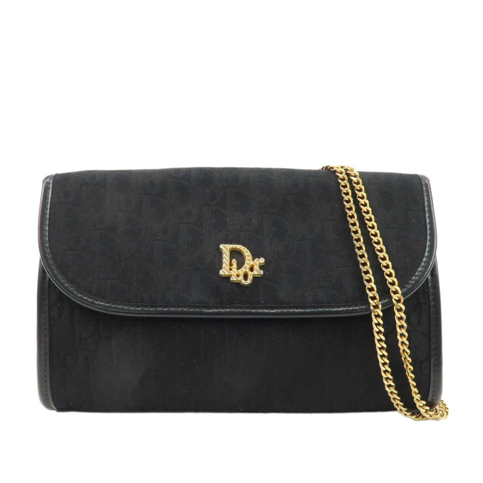 Christian-Dior-Trotter-Canvas-Leather-Chain-Shoulder-Bag-Black