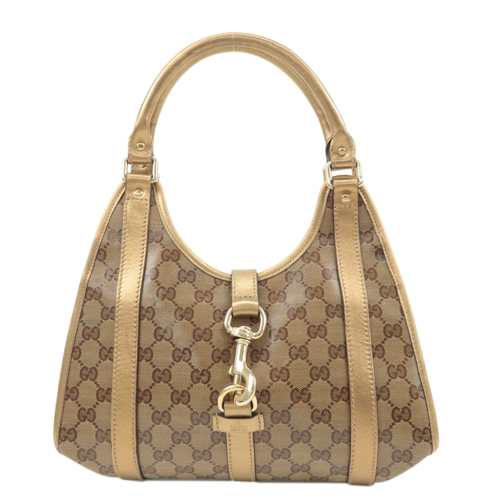 GUCCI GG Crystal Leather Hand Bag Beige Gold 203495