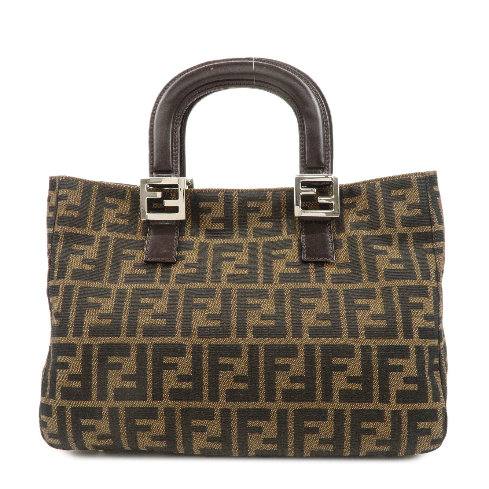 FENDI-Zucca-Canvas-Leather-Tote-Bag-Black-Brown-26693