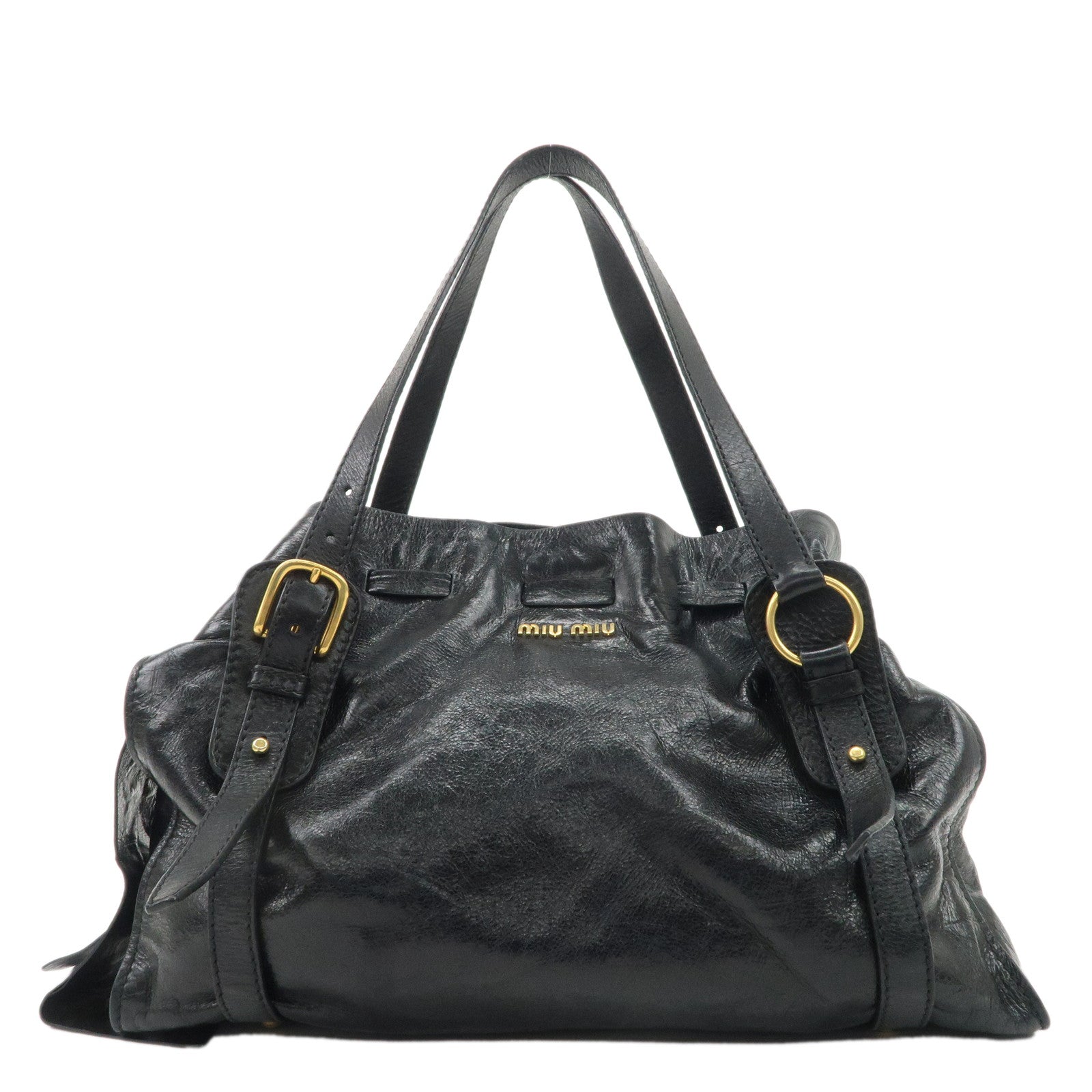 MIU-MIU-Logo-Leather-Tote-Bag-Shoulder-Bag-Black