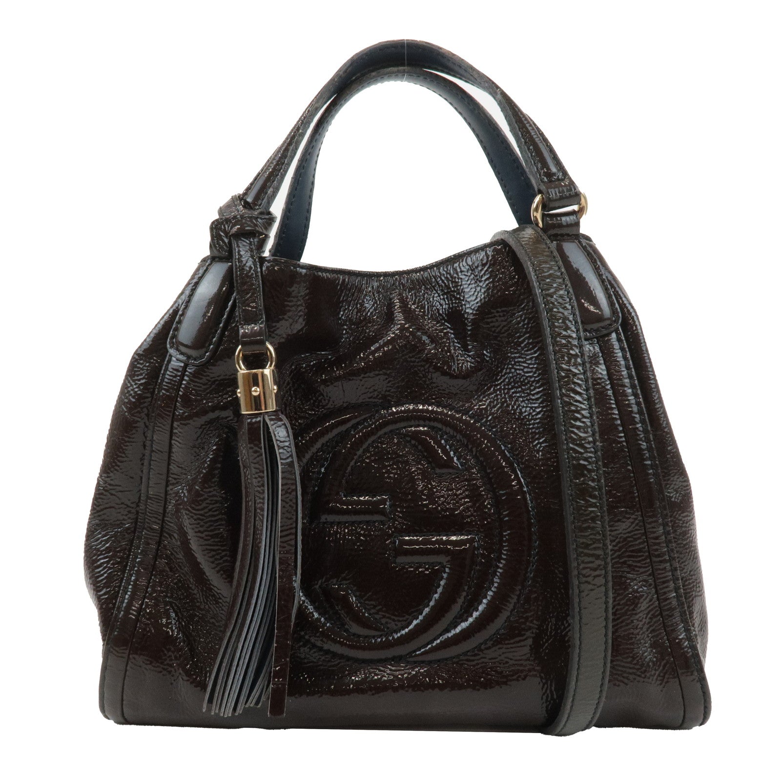 GUCCI-SOHO-Patent-Leather-2Way-Bag-Shoulder-Bag-Brown-Blue-336751