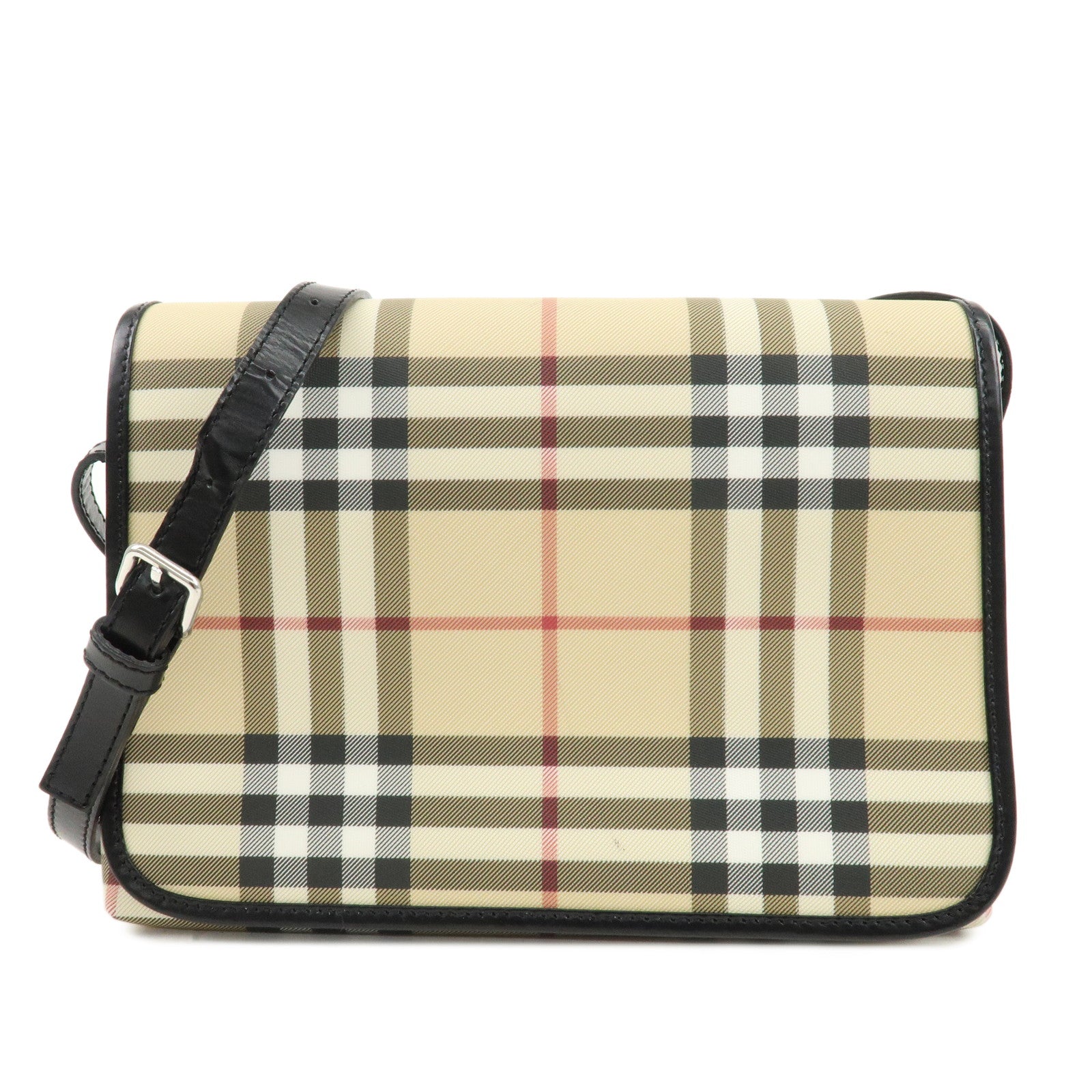 BURBERRY-PVC-Leather-Nova-Plaid-Shoulder-Bag-Beige-Black