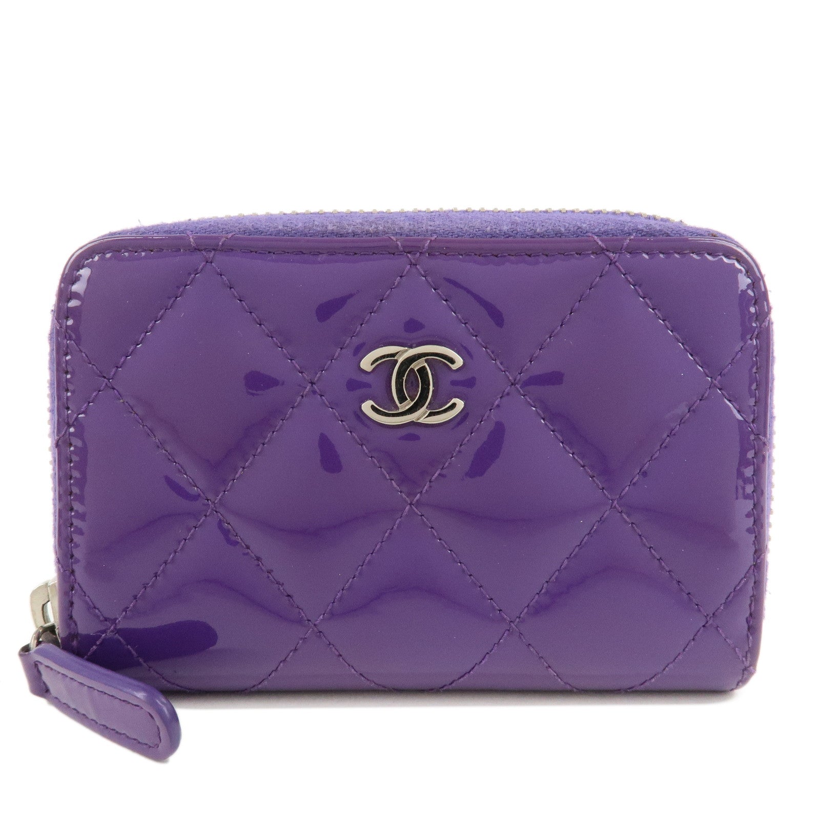 CHANEL-Matelasse-Patent-Leather-Card-Case-Coin-Case-Purple