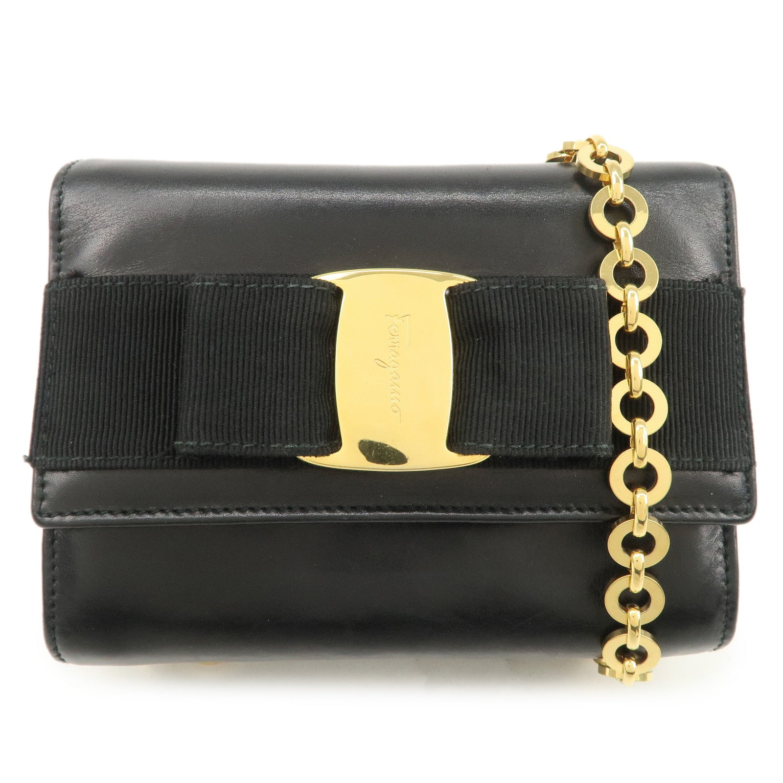 Ferragamo-Vara-Leather-Ribbon-Mini-Chain-Shoulder-Bag-Black