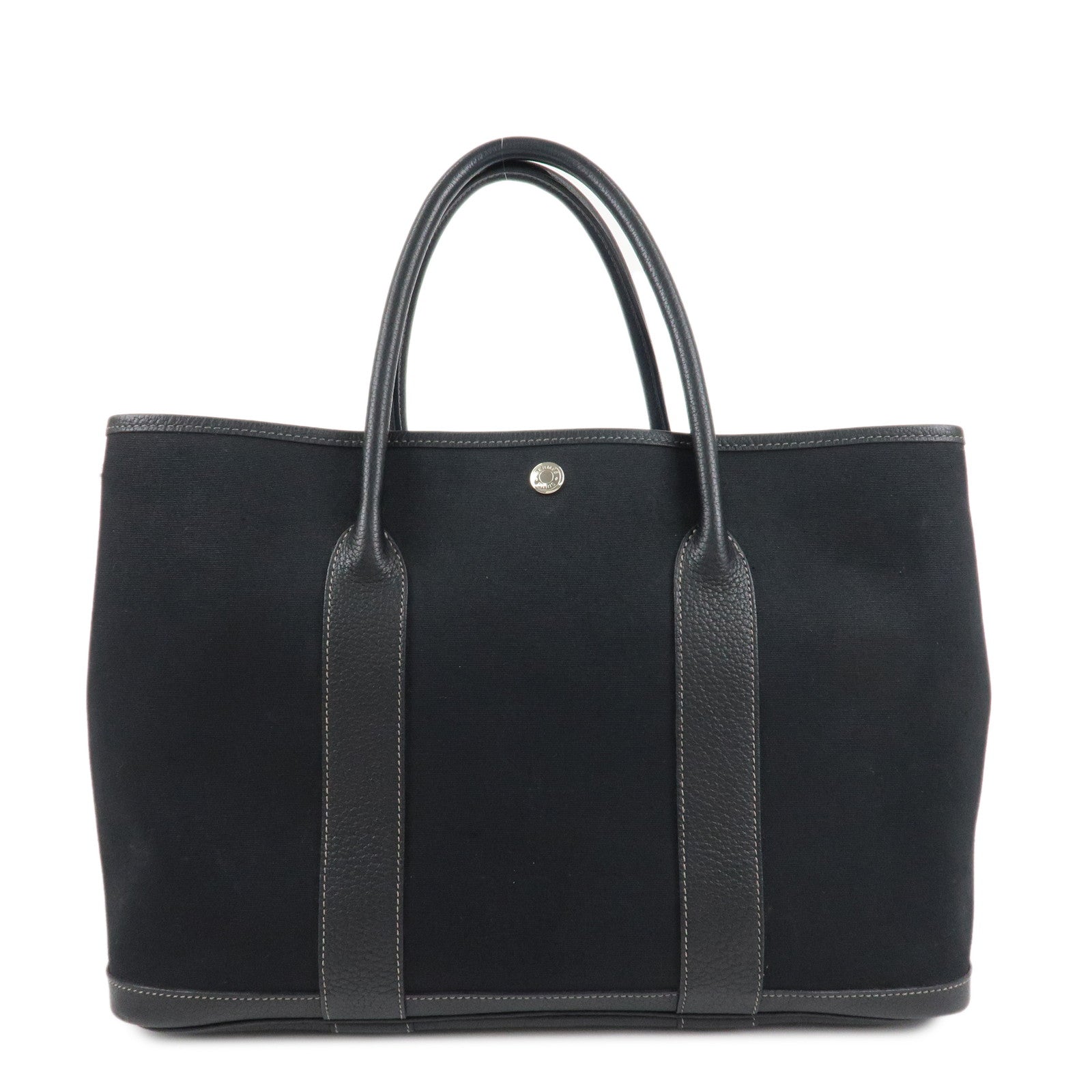 HERMES-Garden-Party-PM-G-Stamped-Canvas-Leather-Tote-Bag-Black