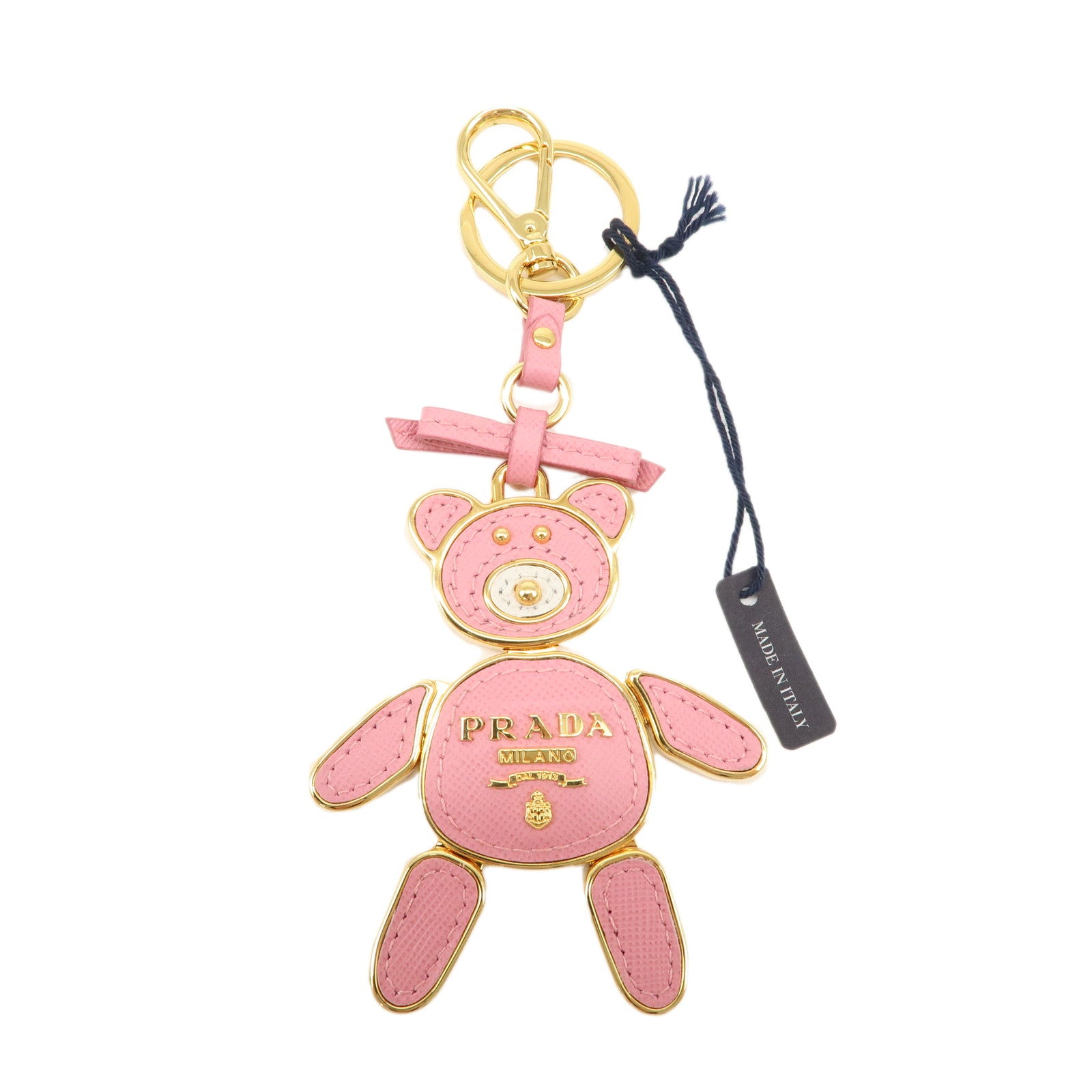 PRADA-Saffiano-Leather-Metal-Bear-Bag-Charm-Key-Chain-Pink