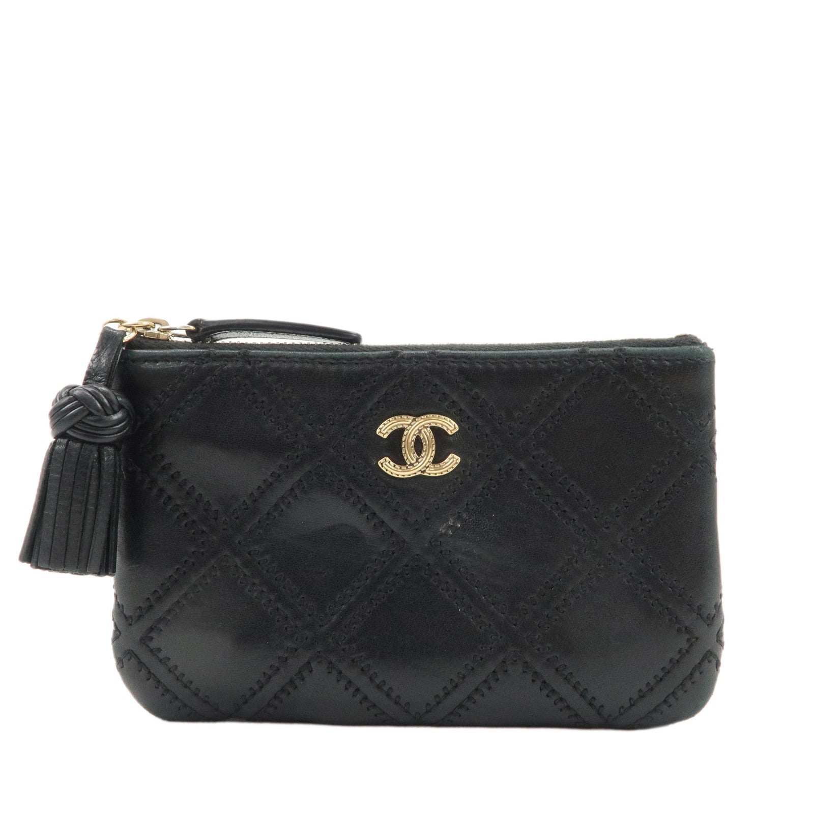 CHANEL-Lamb-Skin-COCO-Mark-Double-Stitch-Pouch-Black