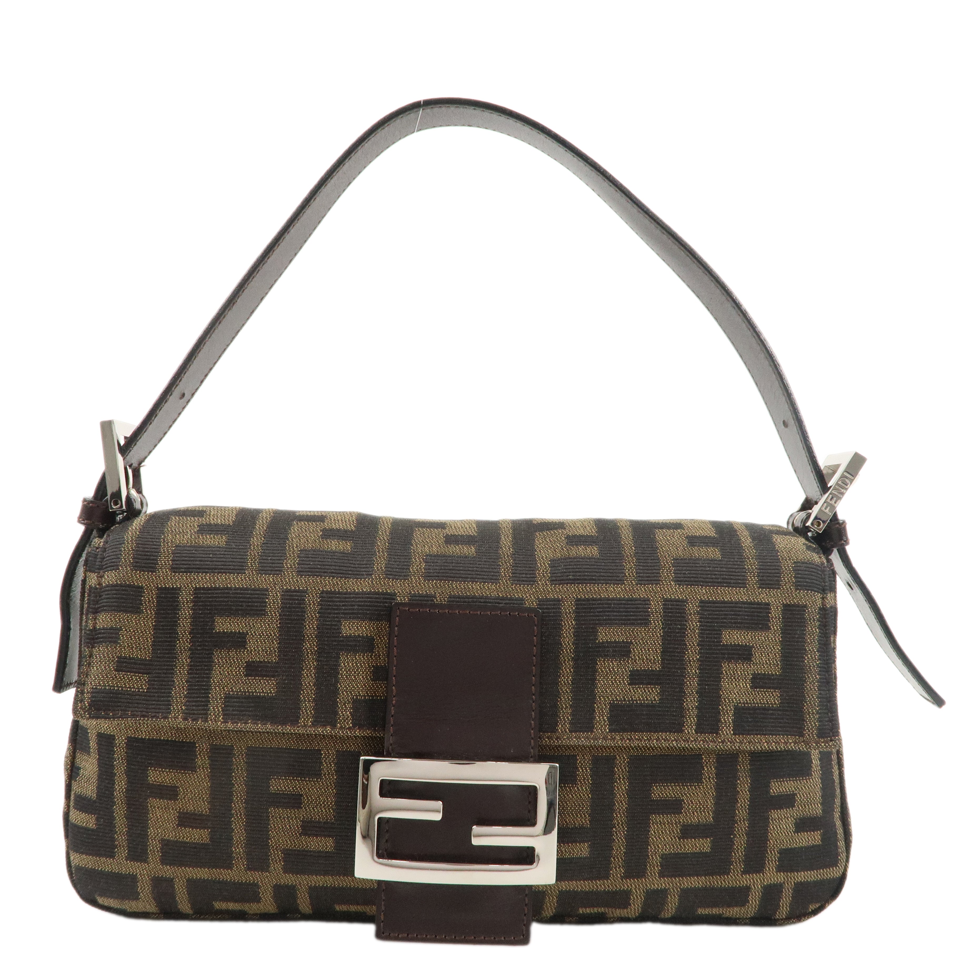 FENDI Mamma Baguette Canvas Leather Shoulder Bag Brown Black 26424