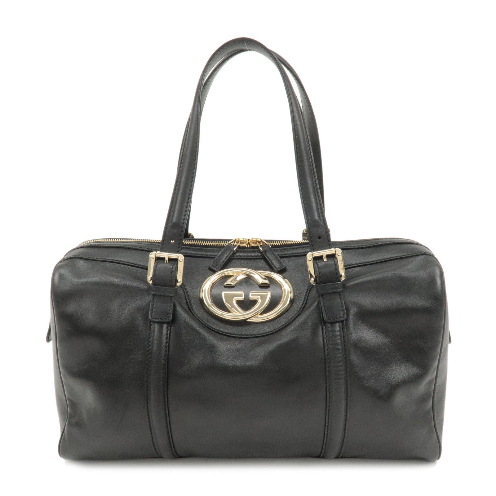 GUCCI-Interlocking-G-Leather-Boston-Bag-Hand-Bag-Black-170010