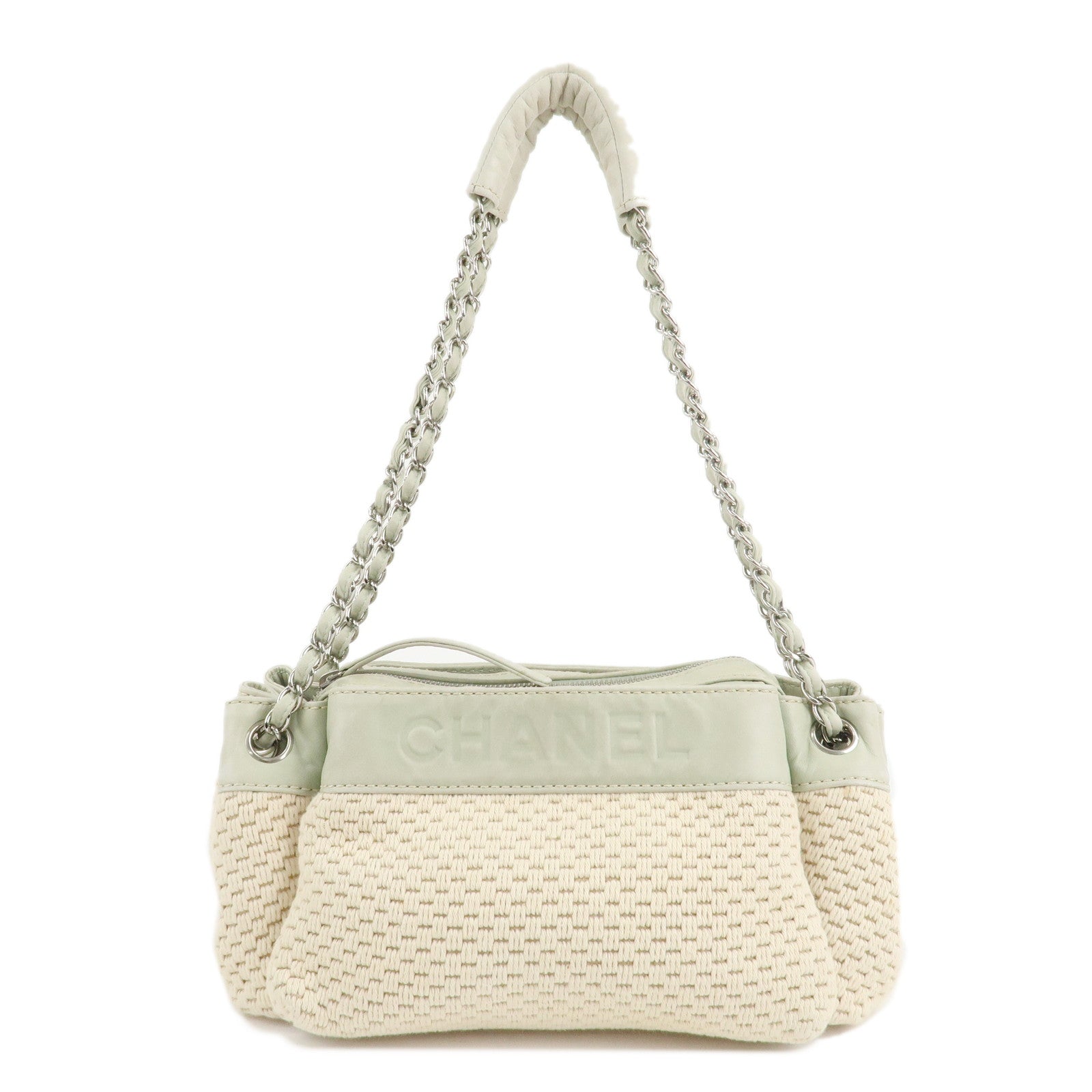 CHANEL-Cotton-Leather-Chain-Shoulder-Bag-Ivory-Light-Green