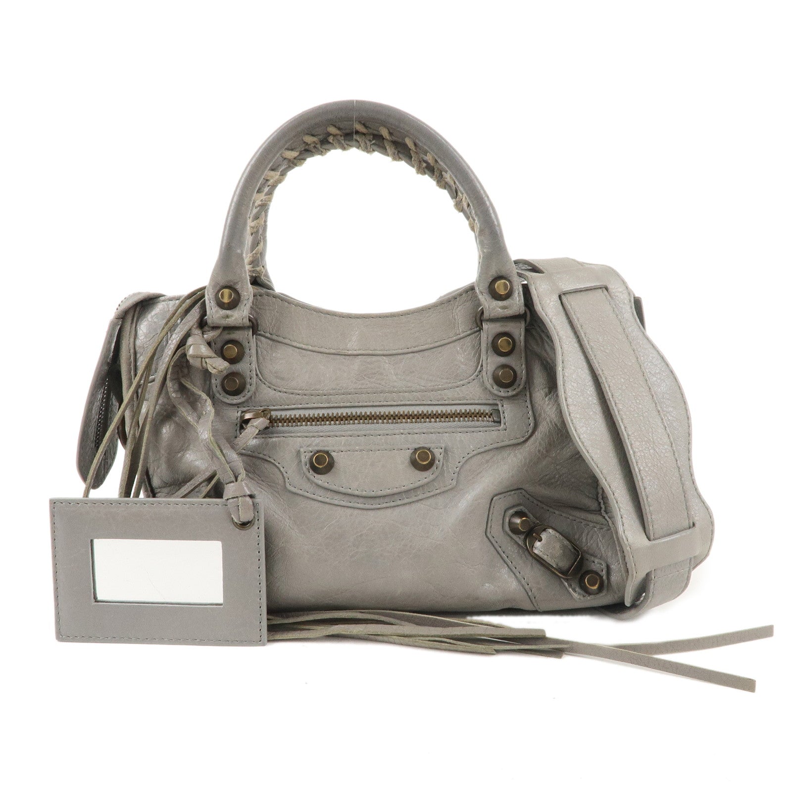 BALENCIAGA Leather Classic Mini City 2Way Bag Light Gray 300295