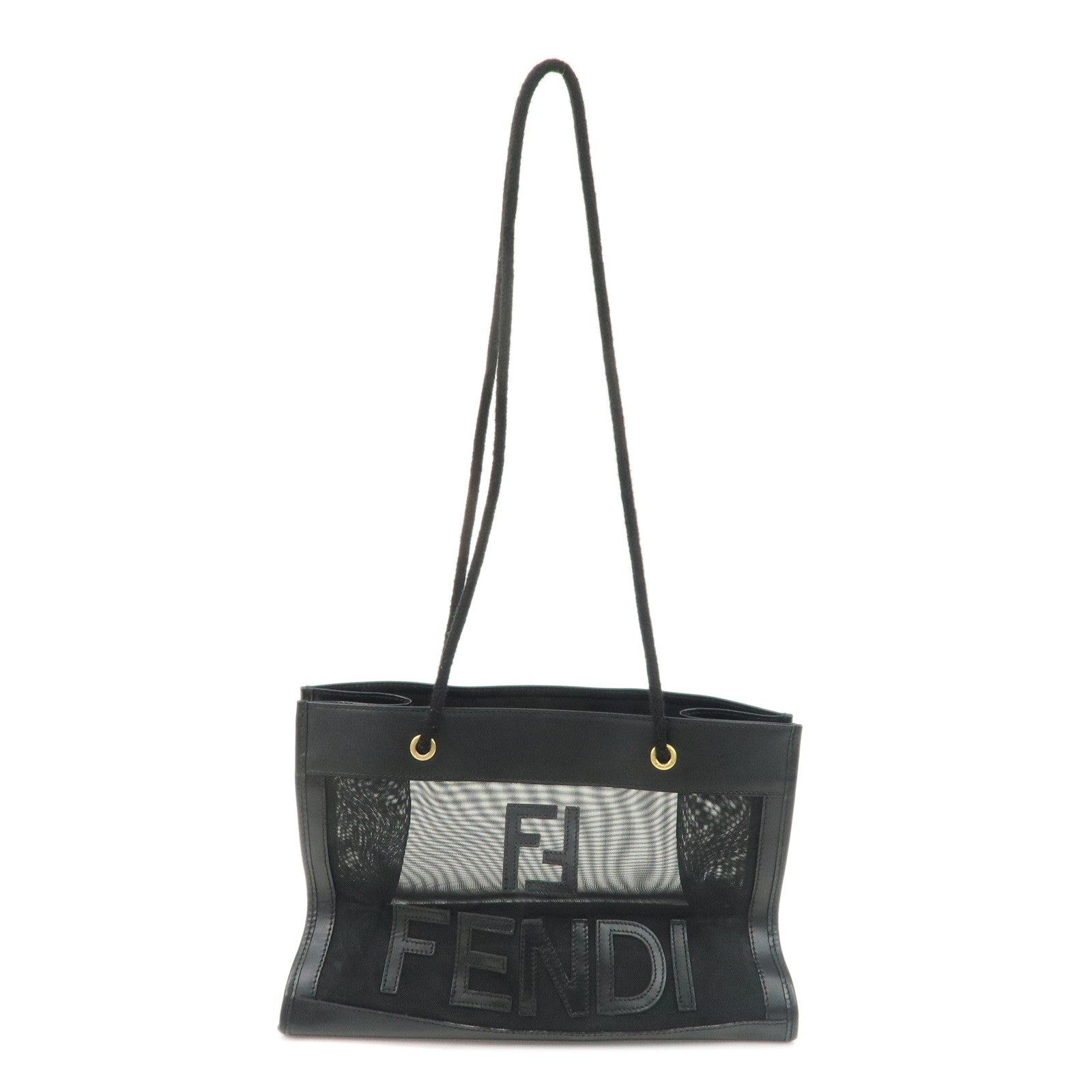 FENDI-Mesh-Leather-Tote-Bag-Shoulder-Bag-Black-259640