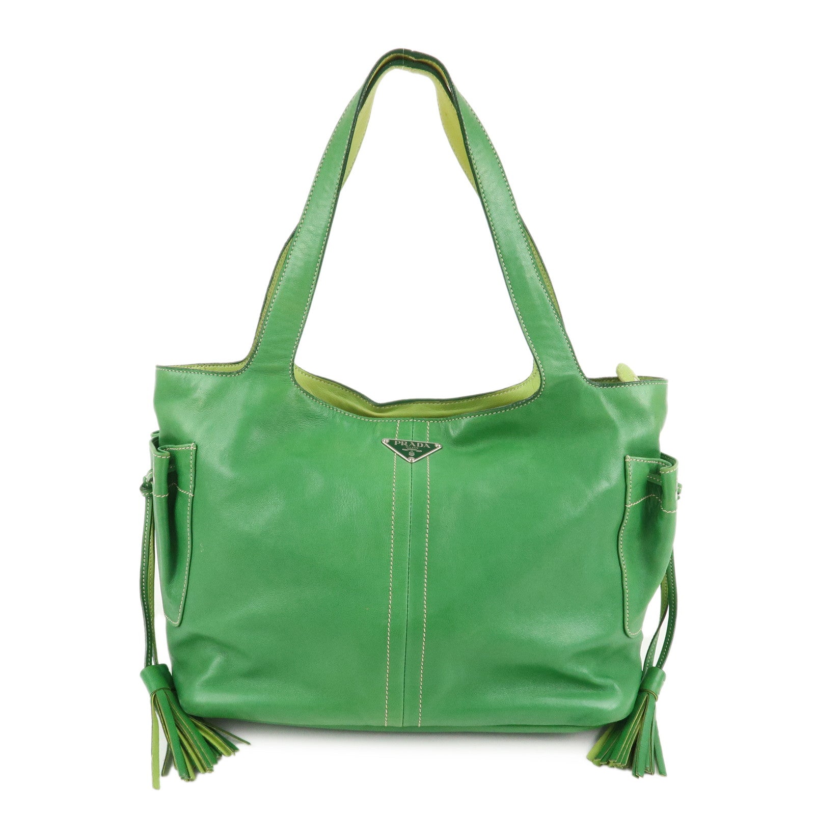 PRADA-Logo-Leather-Tassel-Shoulder-Bag-Hand-Bag-Green