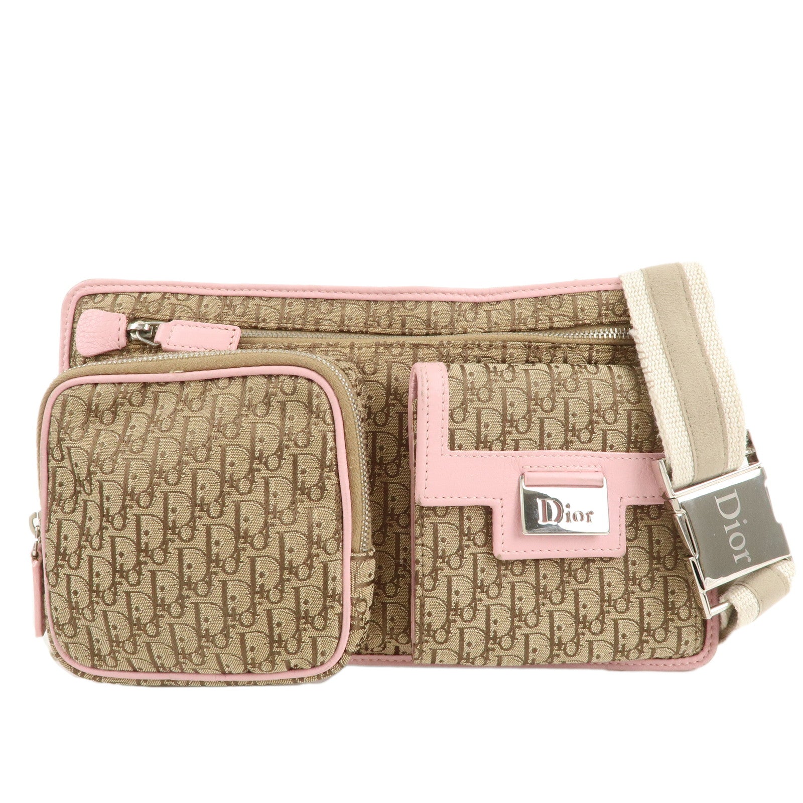 Christian-Dior-Trotter-Canvas-Leather-Waist-Bag-Beige-Pink