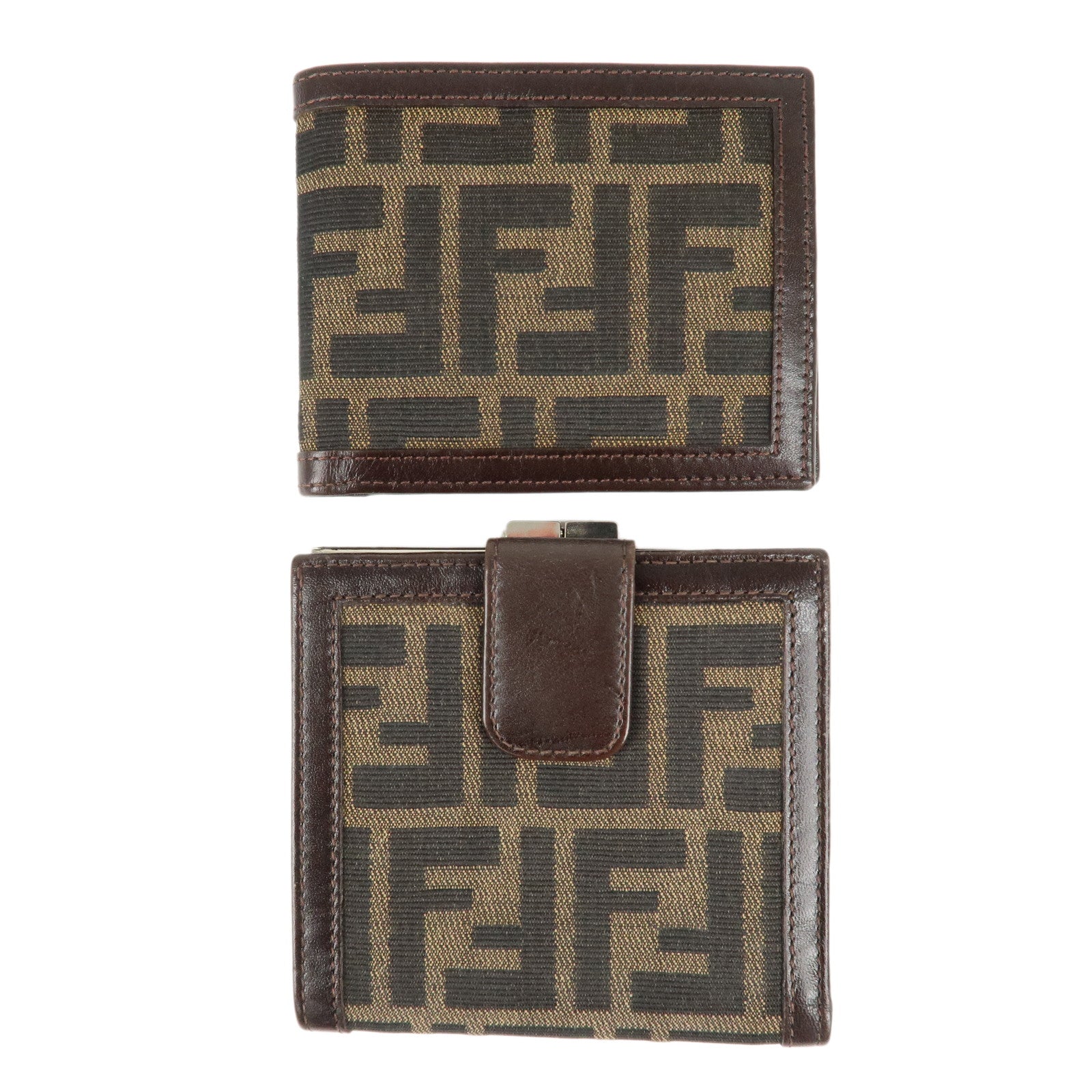 FENDI-Zucca-Set-of-2-Canvas-Leather-Bi-fold-Wallet-Brown-Black