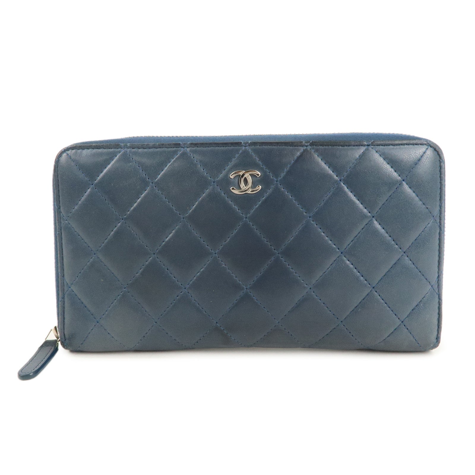 CHANEL-Matelasse-Lamb-Skin-Round-Zippy-Long-Wallet-Navy-Silver-HDW