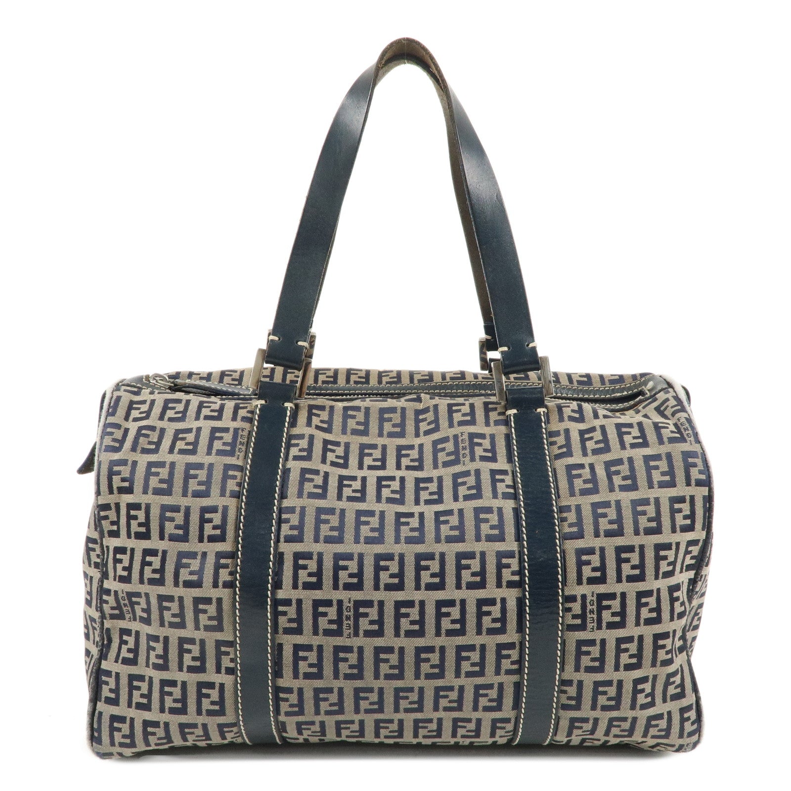 FENDI-Zucchino-Canvas-Leather-Boston-Bag-Beige-Navy-16327