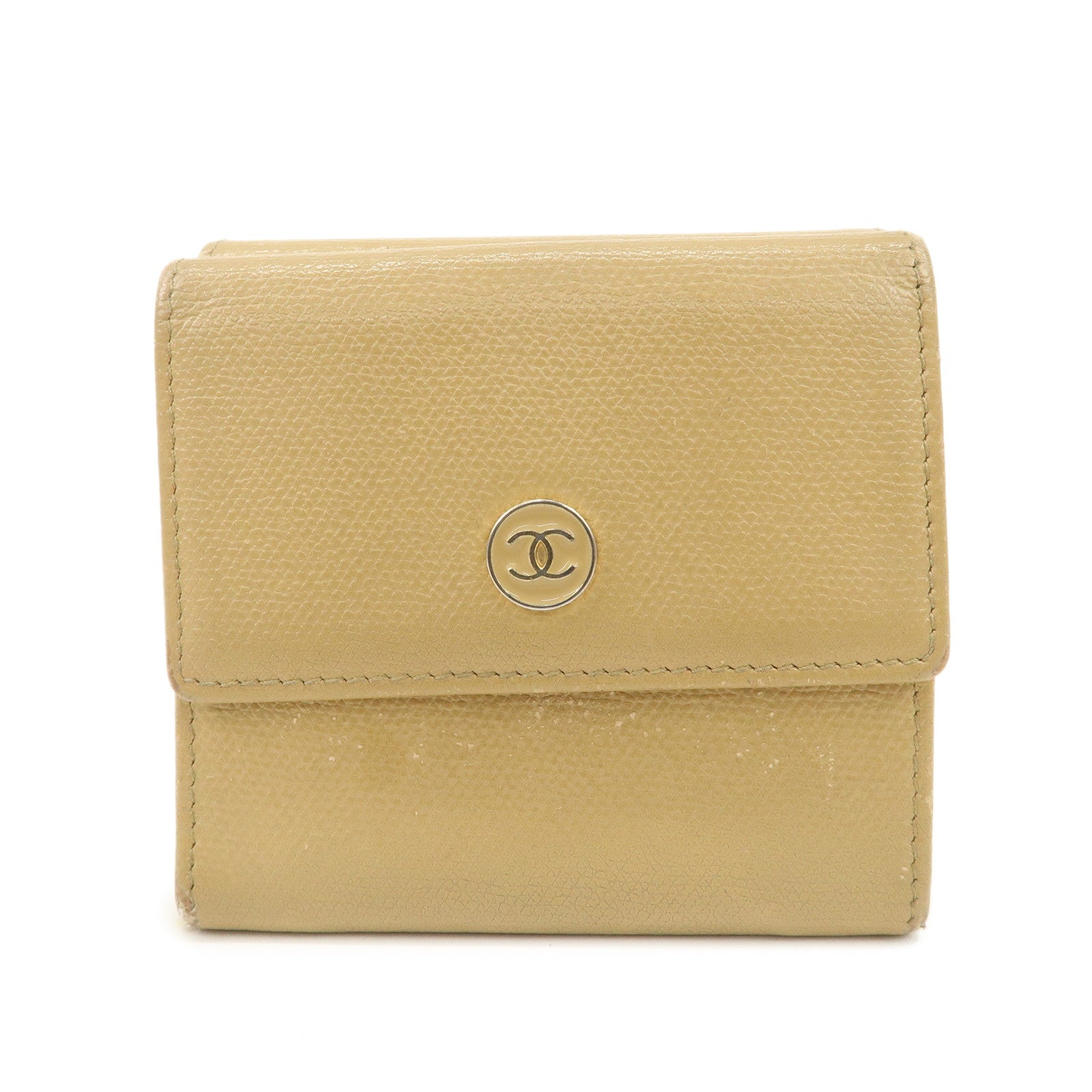 CHANEL-Leather-COCO-Botton-W-Hook-Wallet-Beige