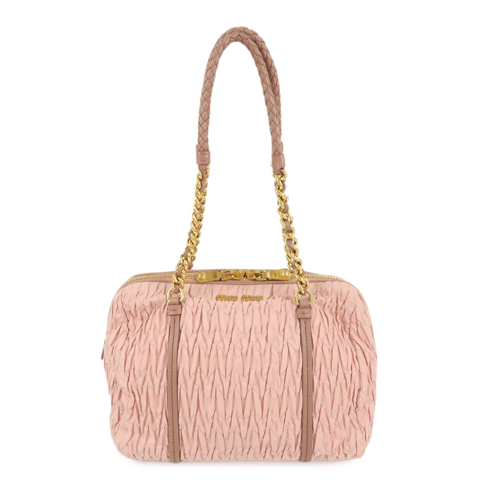 MIU-MIU-Nylon-Leather-Chain-Tote-Bag-Shoulder-Bag-Pink