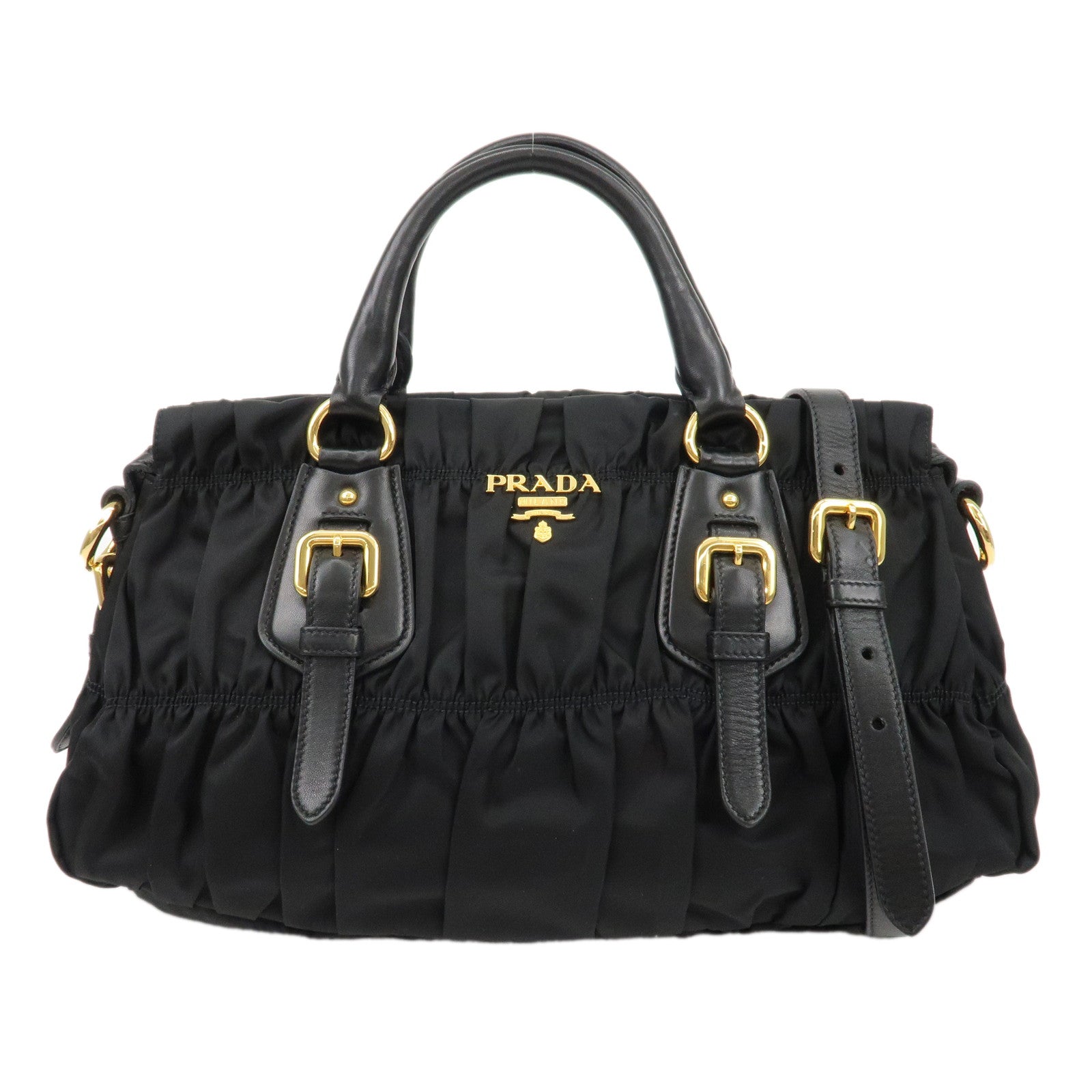 PRADA-Logo-Nylon-Leather-2Way-Bag-Hand-Bag-Black-NERO-BN1407