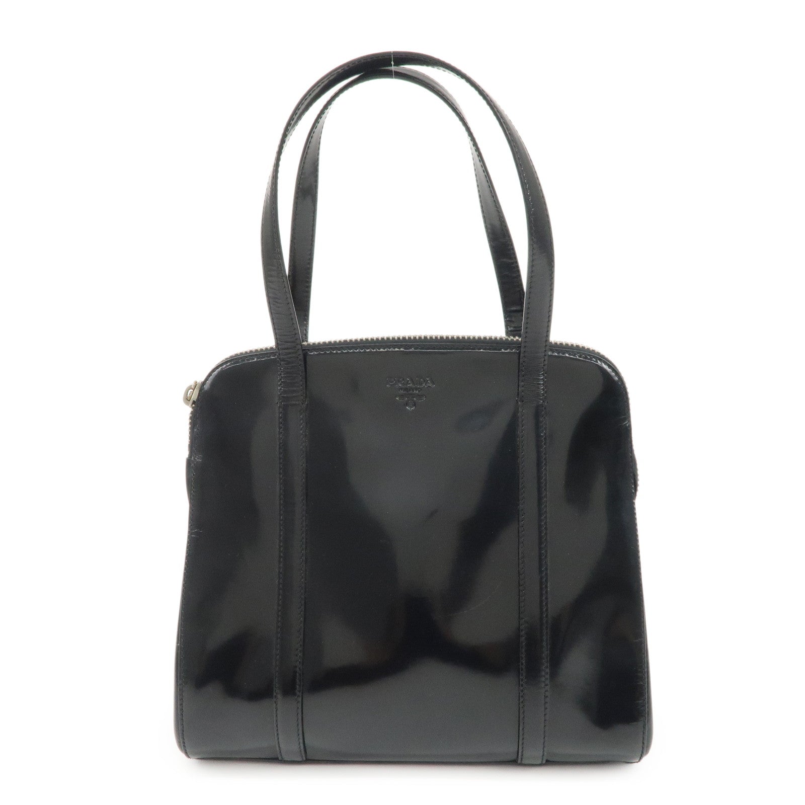 PRADA-Patent-Leather-Tote-Bag-Hand-Bag-Black-Silver-HDW